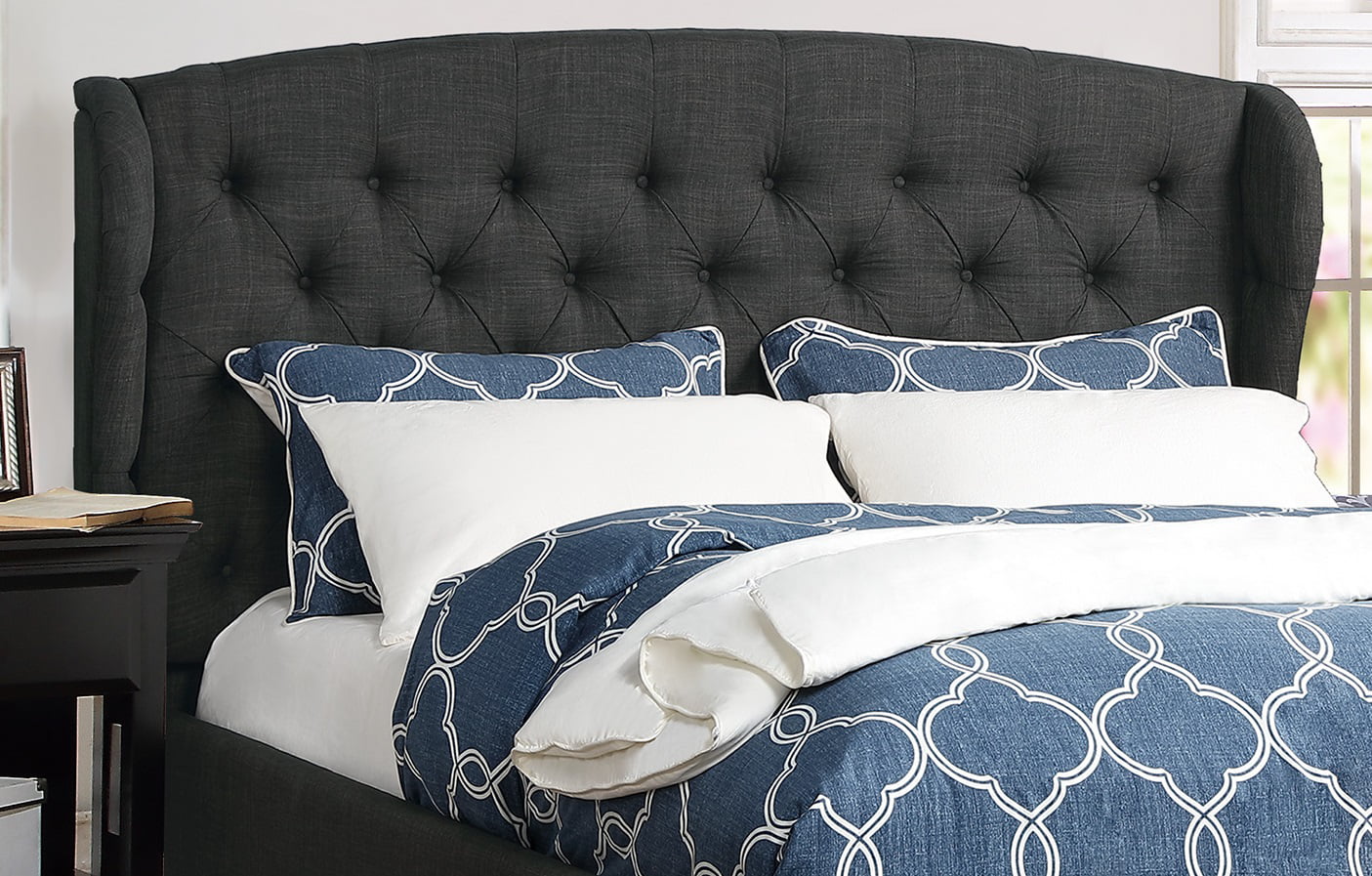 Eastern King size bed Charcoal polyfiber bedroom furniture 1pc bed set Tufted adjustable headboard wingback