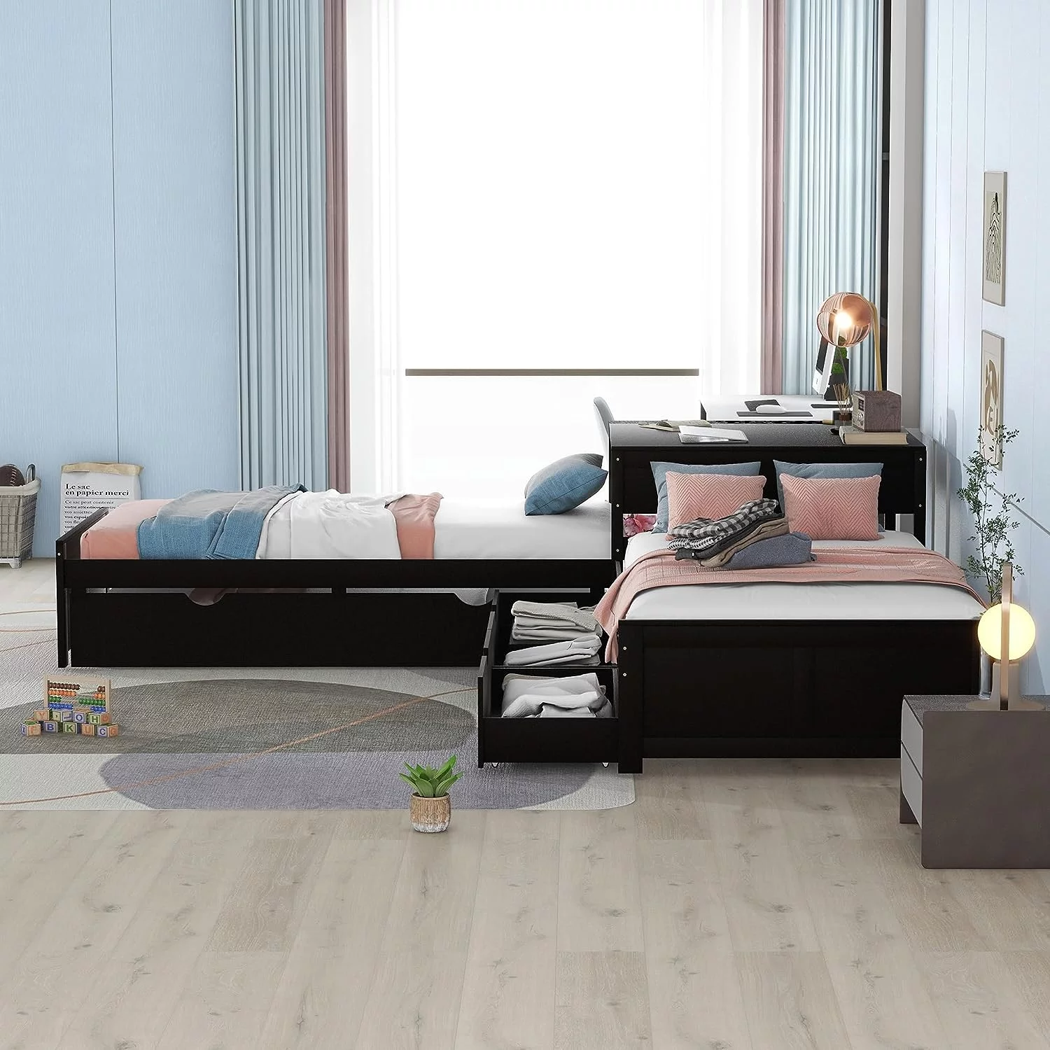Bellemave L Shaped Platform Bed with Trundle and Drawers, Wood Twin Szie Corner Bed Built-in Desk, Twin Bed Frame for 3 Kids Teens Adults (Espresso)