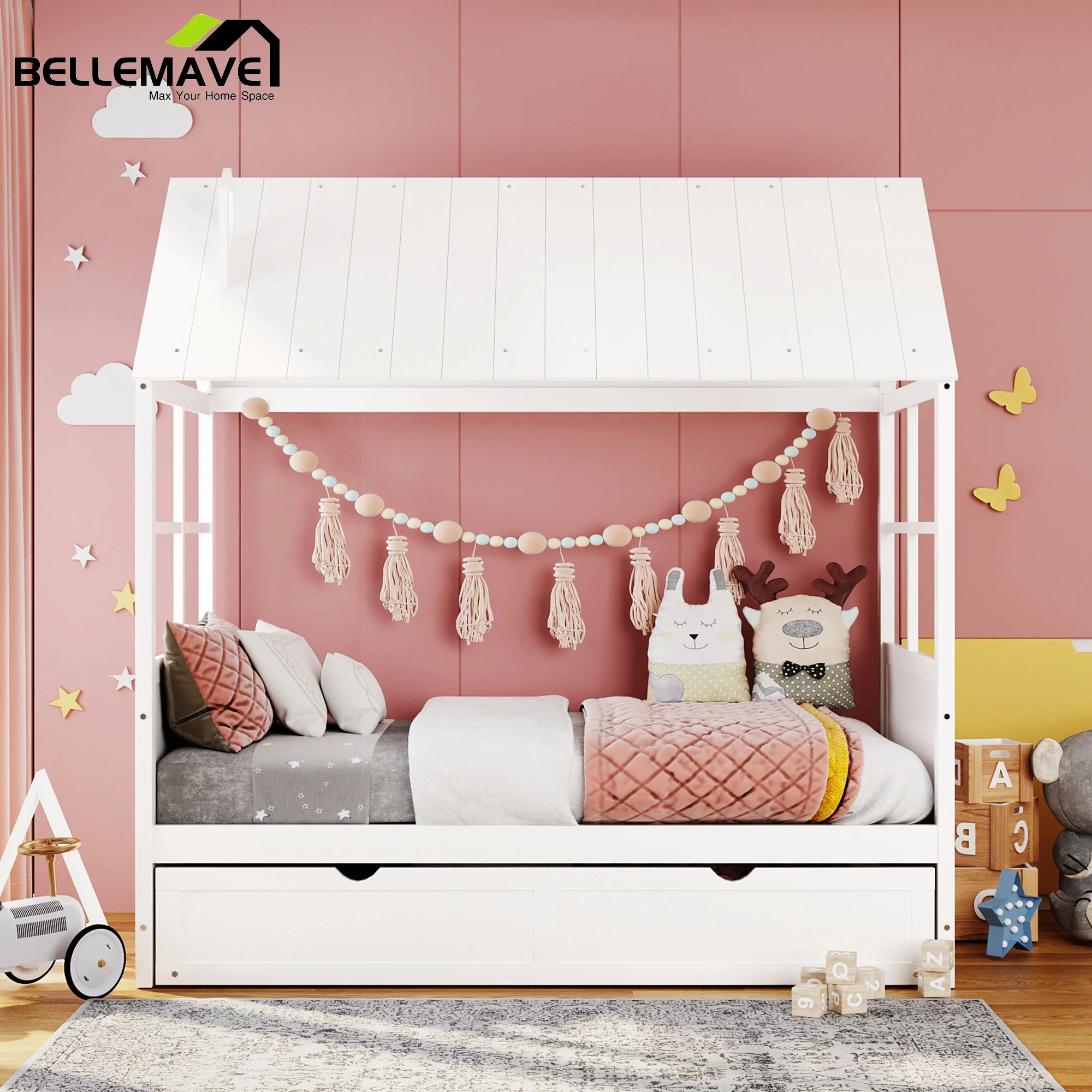 Bellemave White Twin Size Wood House Platform Bed With Twin Size Trundle for Kids Child Teen, Twin Size House-shaped Daybed Sofa Bed with Trundle for Bedroom Living Room