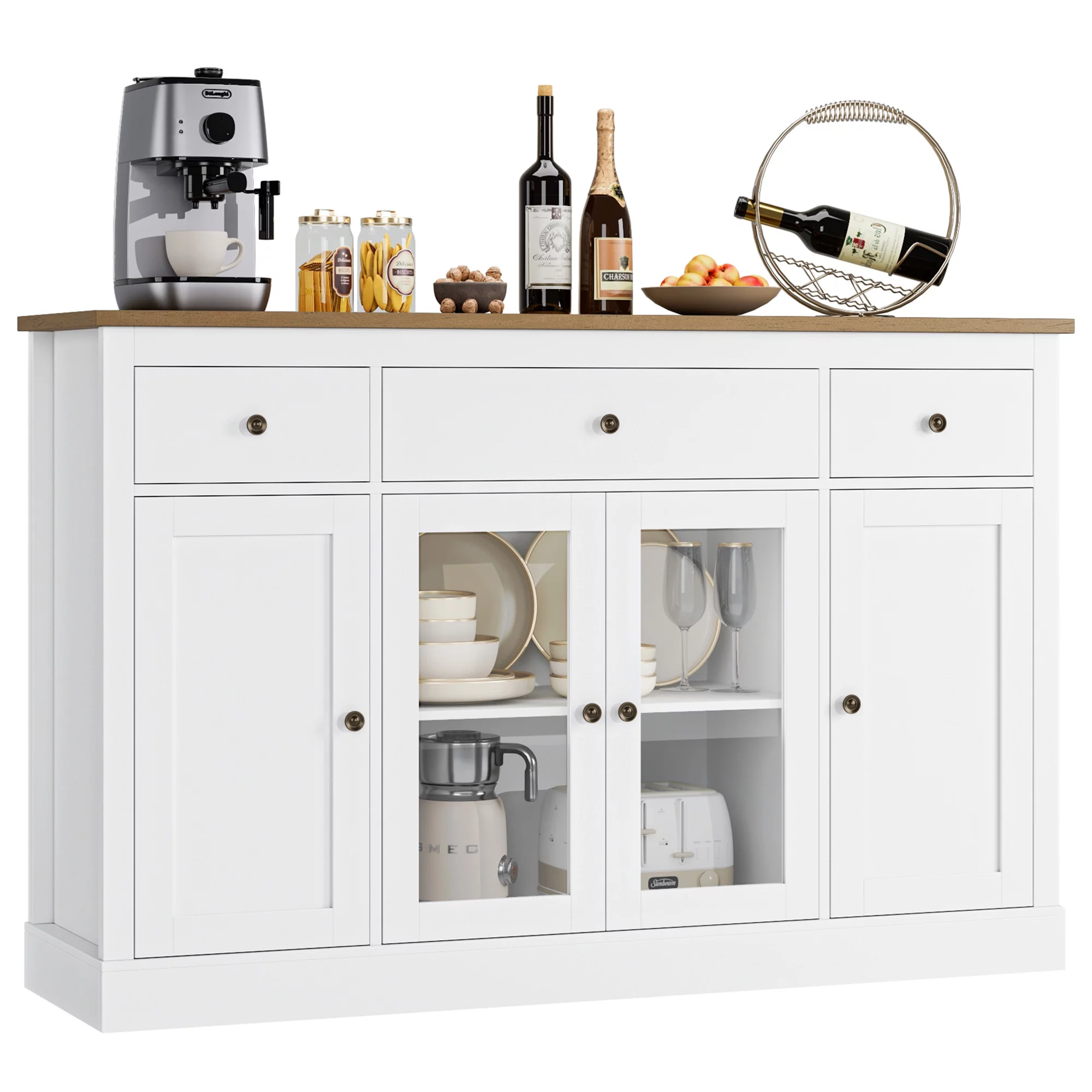 Homfa 55.1'' W Kitchen Buffet Cabinet with 3 Drawer Adjustable Shelf, Glass Door Wooden Sideboard Coffee Bar for Dining Room Living Room
