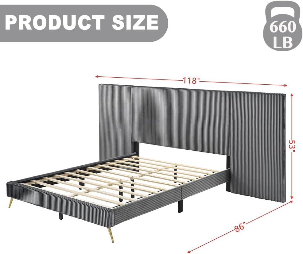 Modern Queen Bed Frame, with Velvet Headboard, Upholstered Platform Bed Frame Queen Size, with Gold Legs, No Box Spring Needed, Wooden Slats Support, for Bedroom, Hotel, Queen Grey