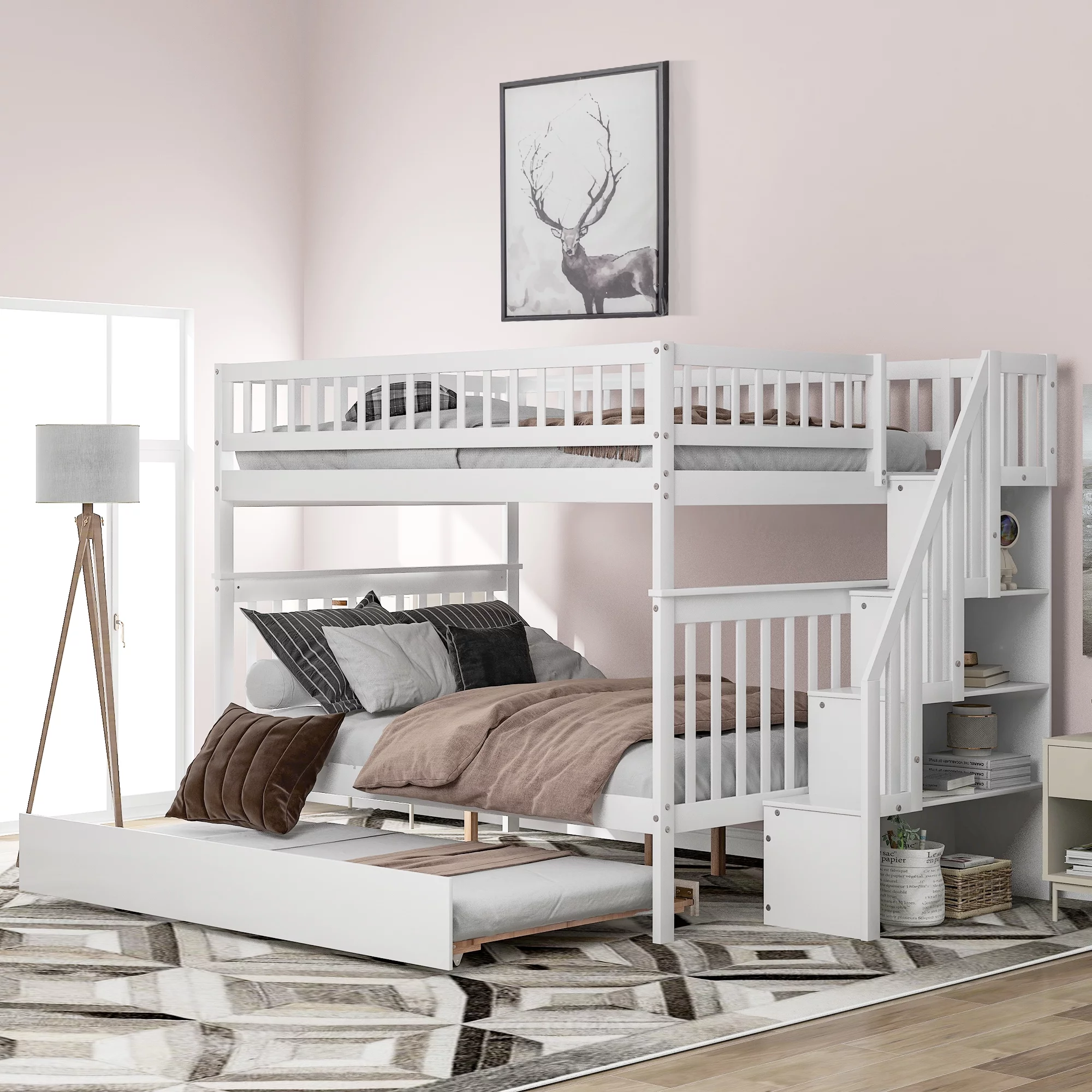 Nestfair White Full over Full Bunk Bed with Trundle and Staircase
