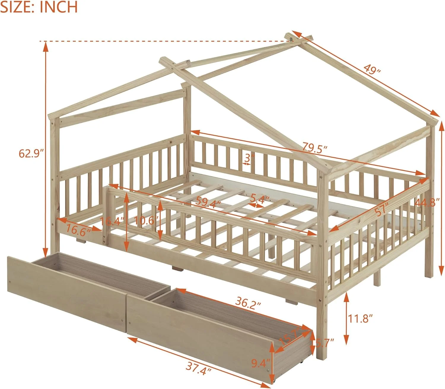 Full House Daybed With Storage Drawers For Kids, Wood House Platform Bed Frame For Boys Girls, Full-Legth Fece, o Boxig Sprig eeded, atural