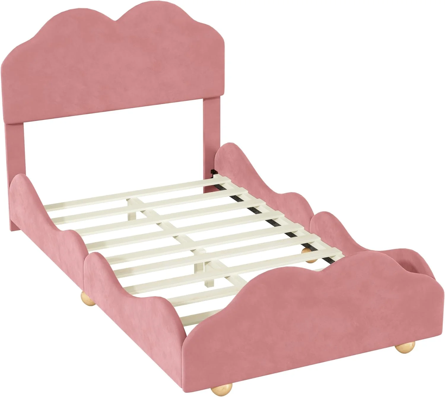Velvet Upholstered Platform Bed Cloud-Shape Bed, Wood Twin Size Platform Bed Frame with Cartoon Cloud Shaped Bed Board, Kids Bedroom Furniture Fun Upholstered Bed Cute Bed