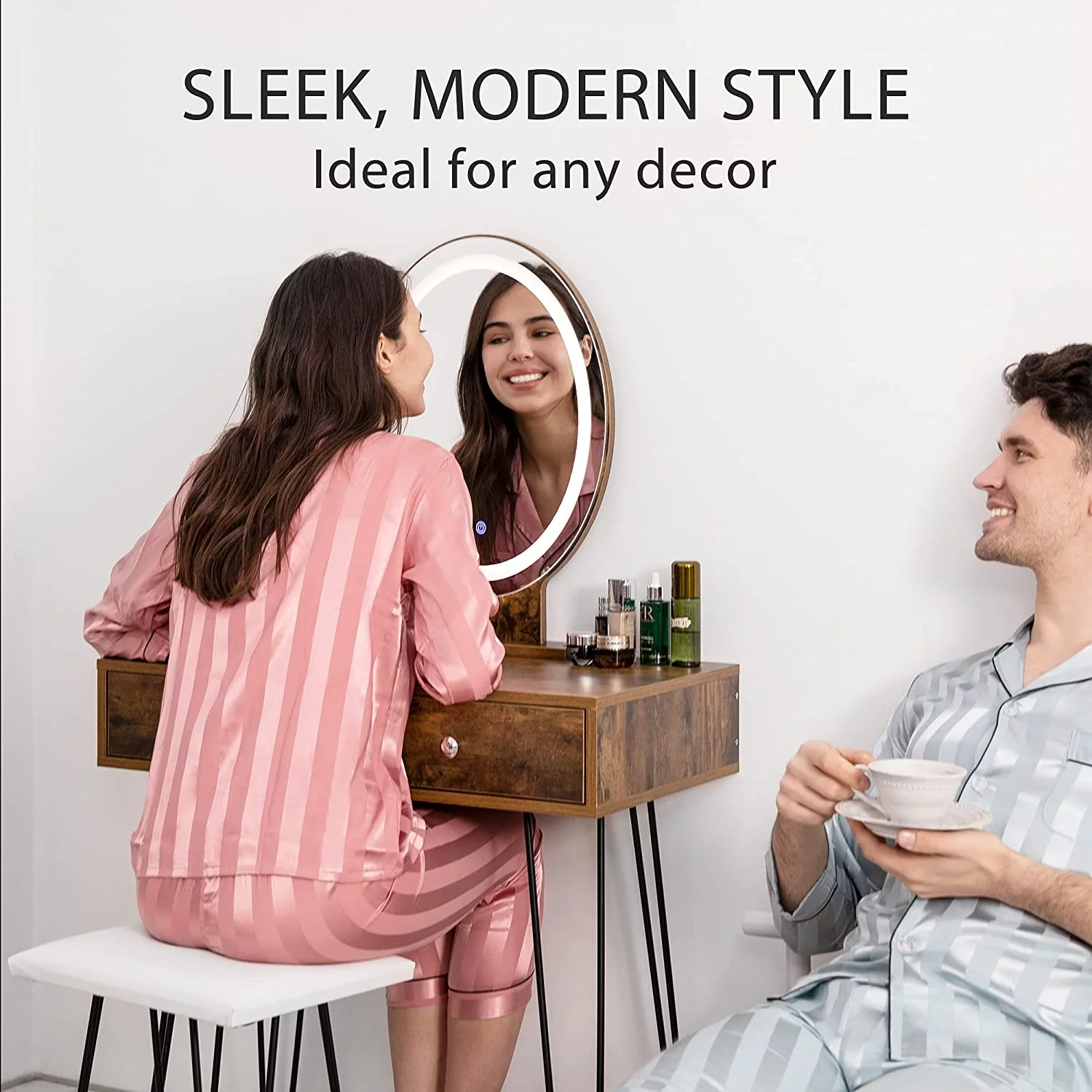 SPECSTAR Industrial Vanity Set with 3-Color Lighted Mirror and Acrylic Makeup Organizer, Dressing Table with PU Cushioned Stool