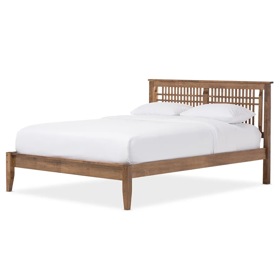 Baxton Studio Loafey Mid-Century Modern Solid Walnut Wood Window-Pane Style Platform Bed, Multiple Sizes