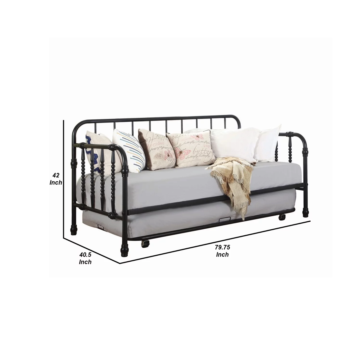 Benzara Metal Twin Size Daybed with Trundle, Black
