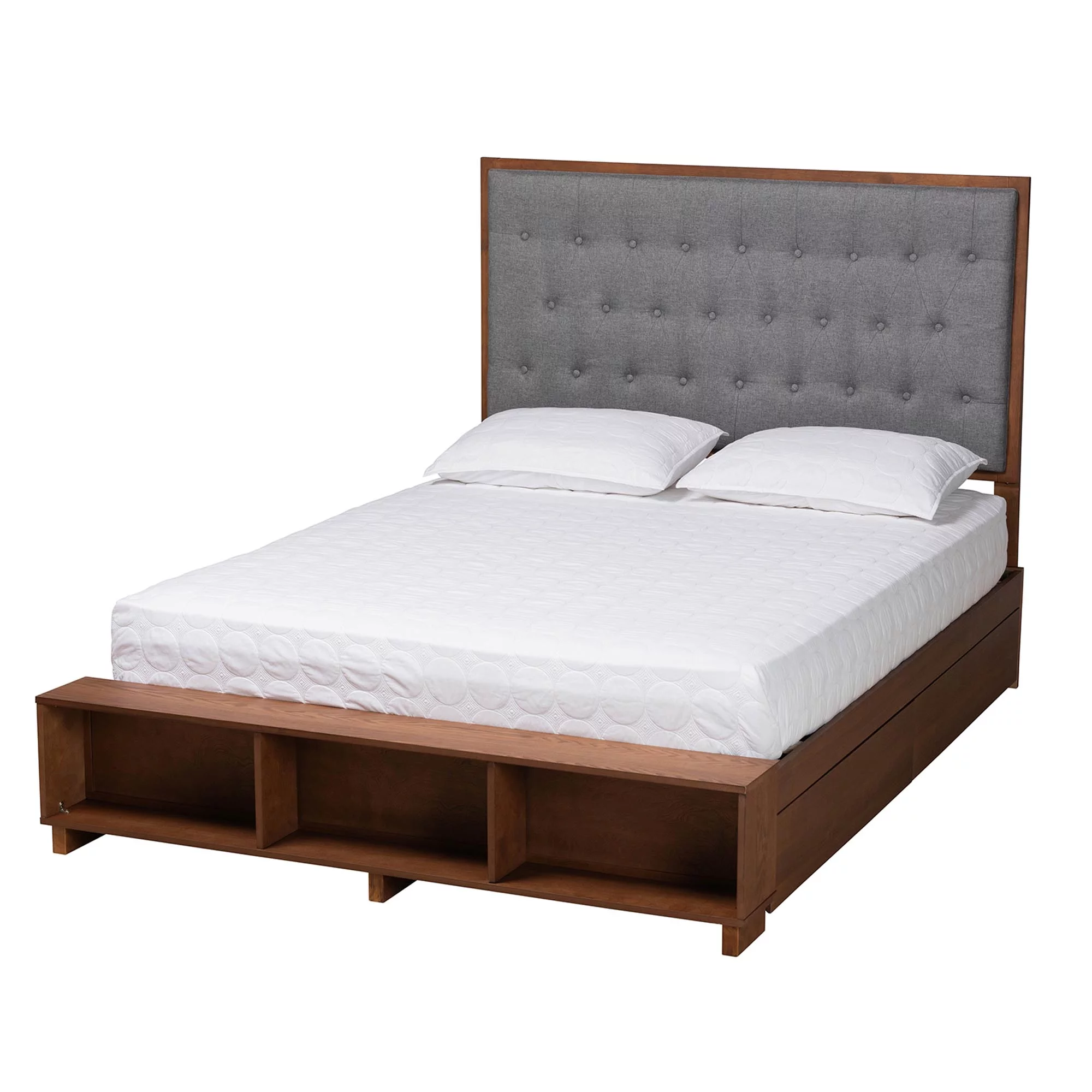 Baxton Studio Jalie Classic Transitional Grey Fabric and Walnut Brown Finished Wood Queen Size Platform Storage Bed