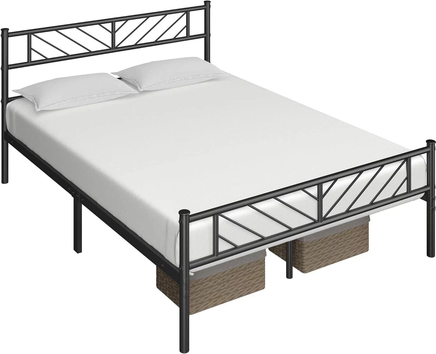 Queen Size Metal Platform Bed With Arrow Design Headboard And Footboard, 13 Inches Underbed Storage, 12 Built-In Steel Slats, No Box Spring Needed, Black