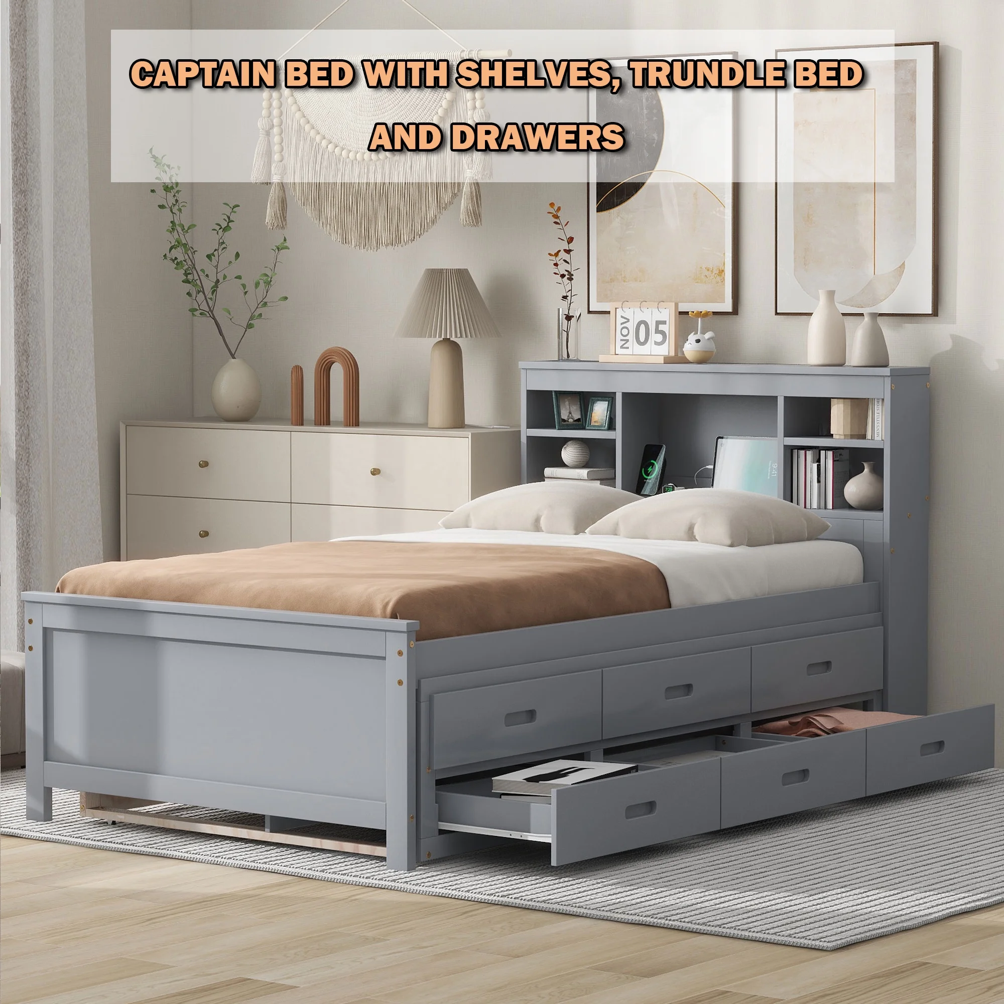 Bellemave Twin Size Captain Bed with Storage Bookcase Headboard and USB Charging Ports Storage Platform Bed with Trundle and Drawers Wooden Bed Frame for Kids, Teens, Adult (Twin, Gray)