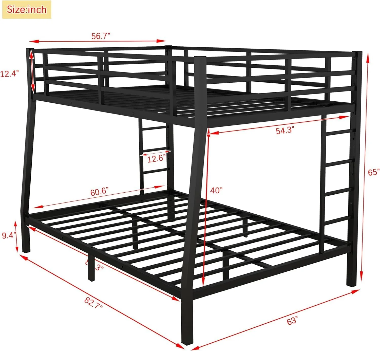 Full XL Over Queen Bunk Beds For Adults And Teens, Heavy-Duty Metal Bunk Bed Frame With 2 Ladders For Boys Girls,Space-Saving,Noise Reduced,Black
