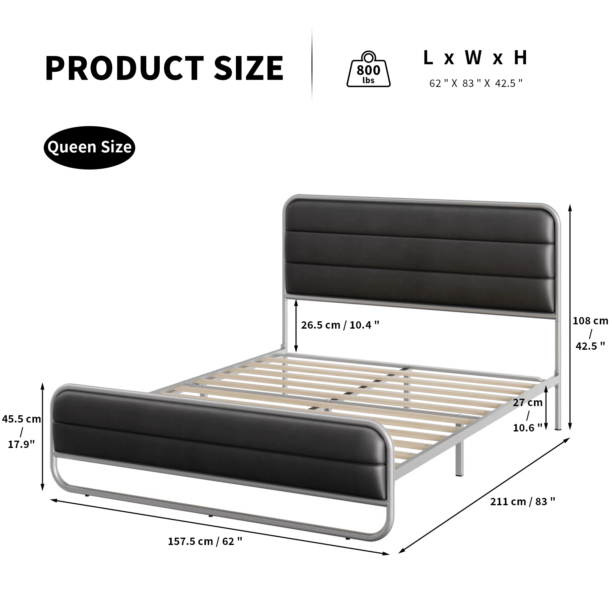 Homfa Queen Size Bed Frame PU Leather Upholstered Headboard, Silver Metal Tubular Platform Bed with 10.6