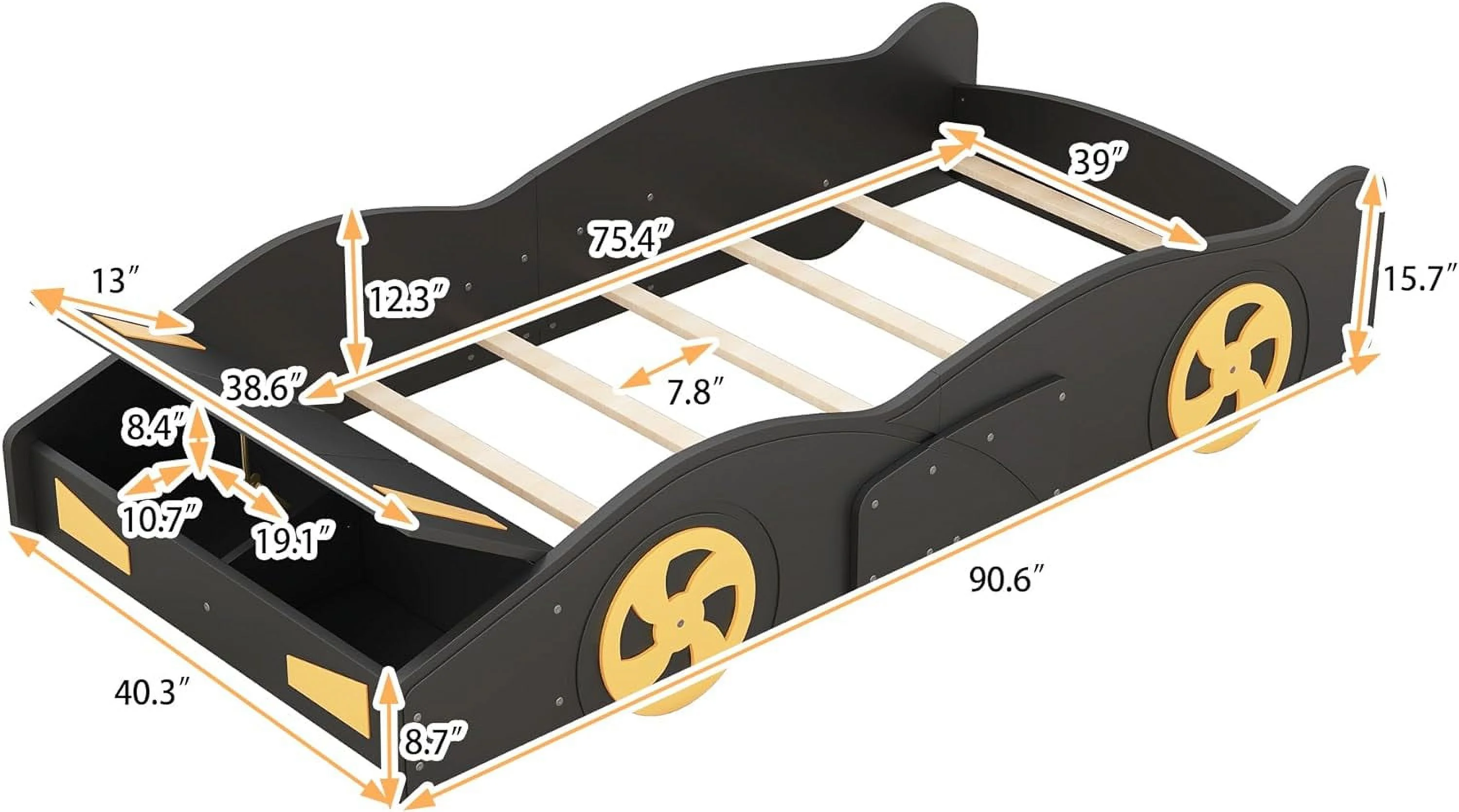 Size Race Car Bed Platform Bed, Car-Shaped Kids Bed With Storage And Wheels, Lightning Mcqueen Bed, Wood Bed Frame For Kids Boys Girls, No Box Spring Needed (Black+Yellow)