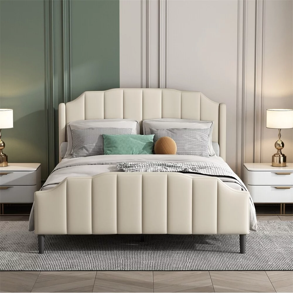 BESTCOSTY Queen Size Upholstered Platform Bed with Headboard and Footboard Grey