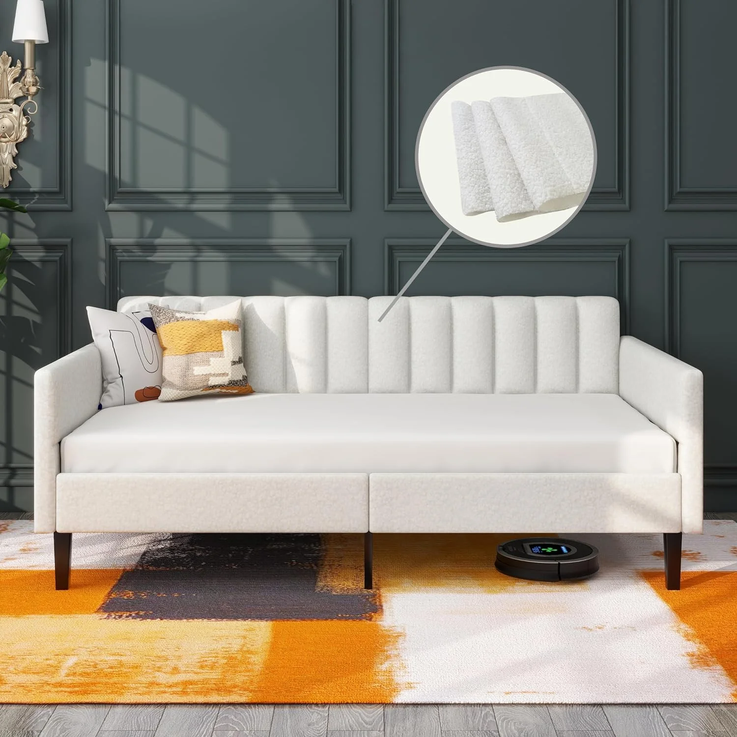 Pouseayar Twin Size Boucle Upholstered Daybed, Ribbed Tufted Backrest, Ivory