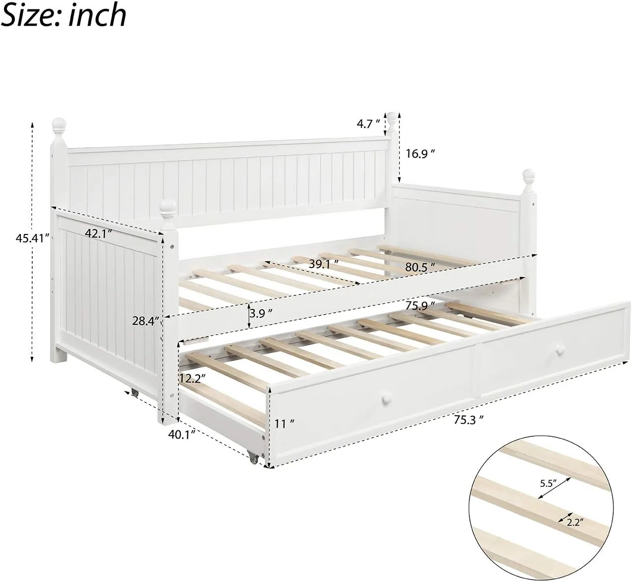 Daybed Wih rundle, Wood Size Daybed Frame, Sofa Bed For Bedroom Living Room, No Box Spring Required, Whie