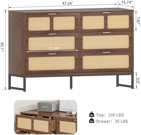 xrboomlife Rattan 6 Drawer Dresser  Dresser Chest of Drawers Farmhouse Oak 6 Double Drawer Dresser Cabinet with Wide Drawers Metal Legs Mid Century Modern  Dressers Chest for Bedroom  Liv