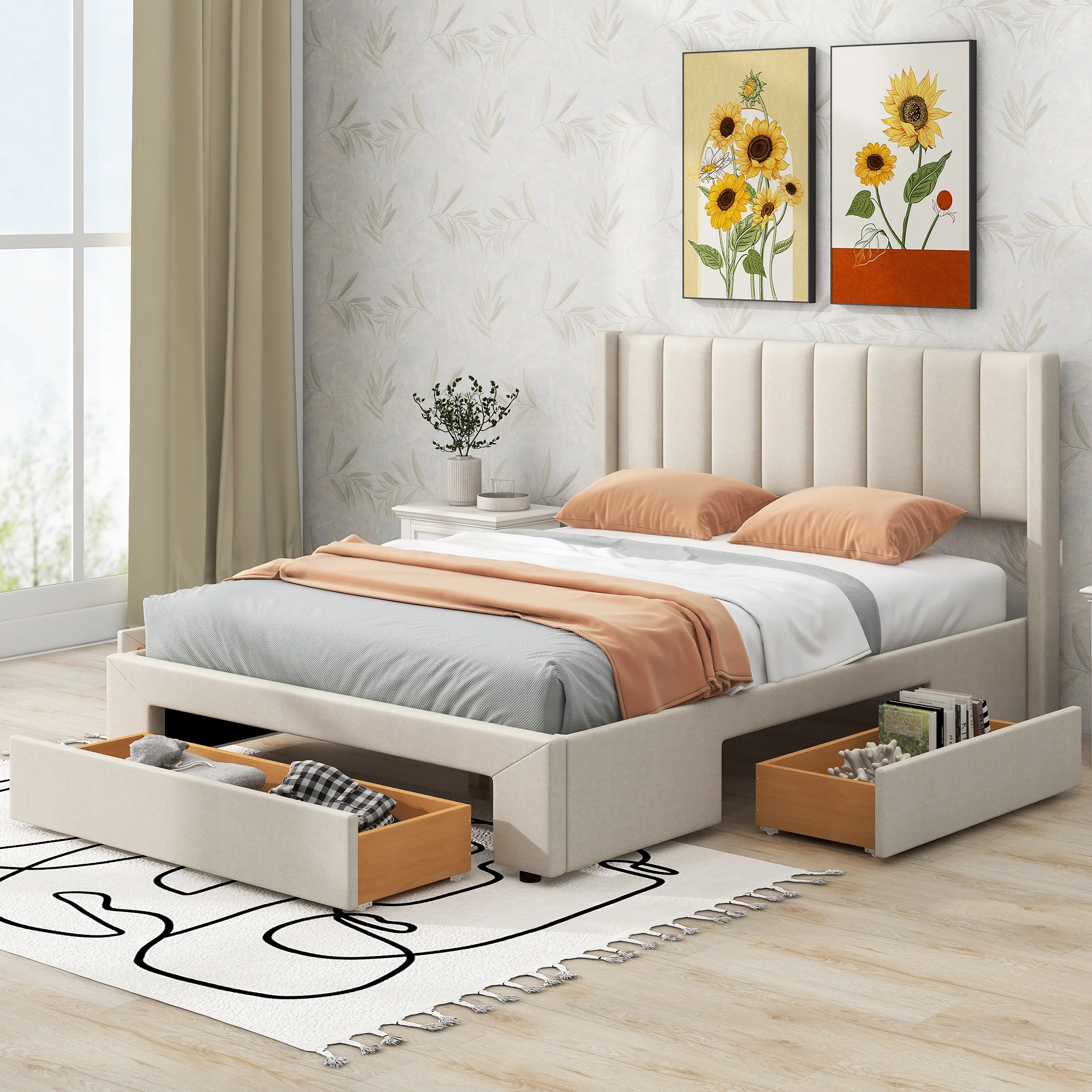 Euroco Upholstered Queen Size Platform Bed with 3 Storage Drawers for Bedroom, Moveable 3 Drawers for Use, Beige