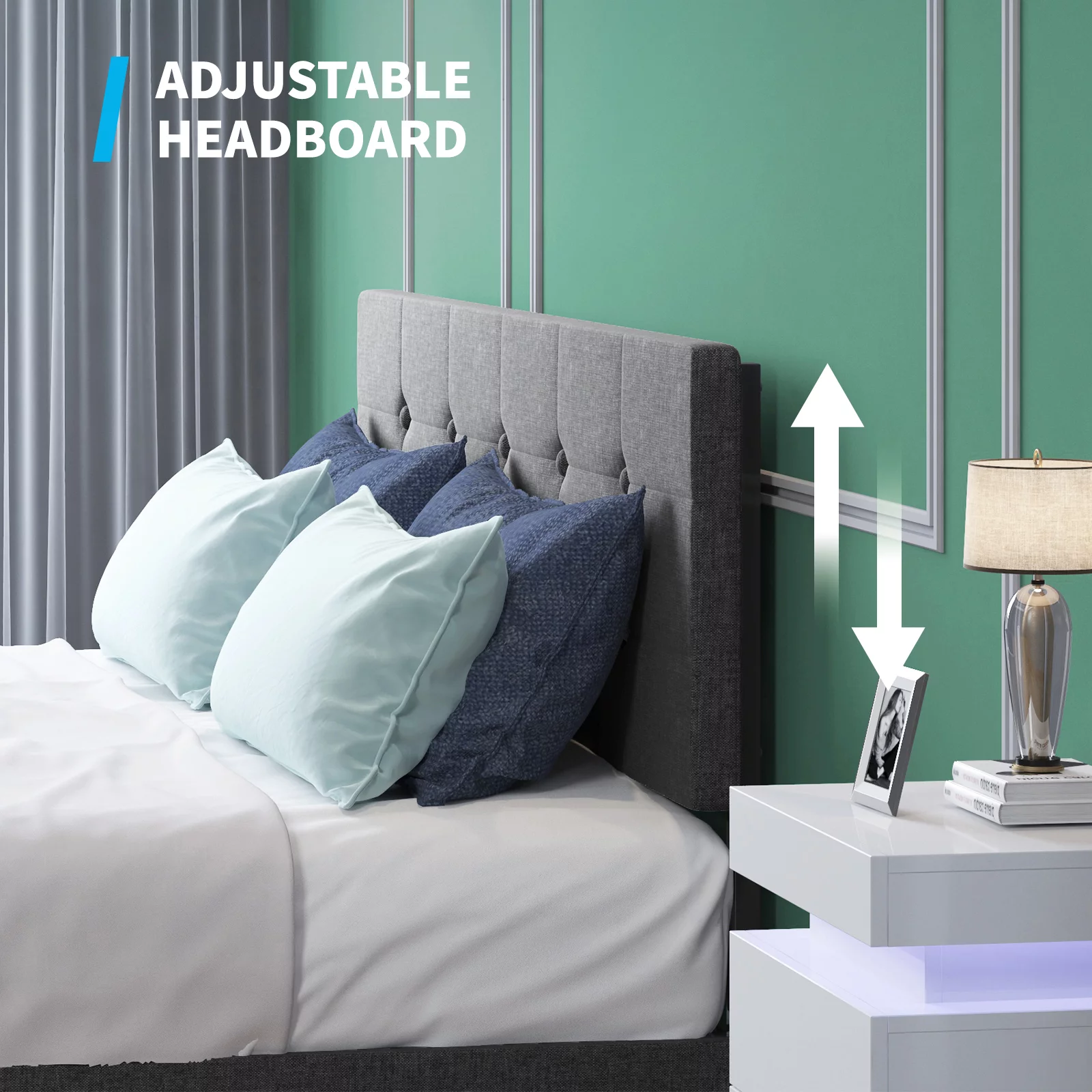 Mjkone Platform Bed Frame with 4 Storage Drawers, Upholstered Bed Frame Queen Size with Square Button Tufted Headboard, Wood Slat Support Queen, Dark Grey), Indoor, Modern