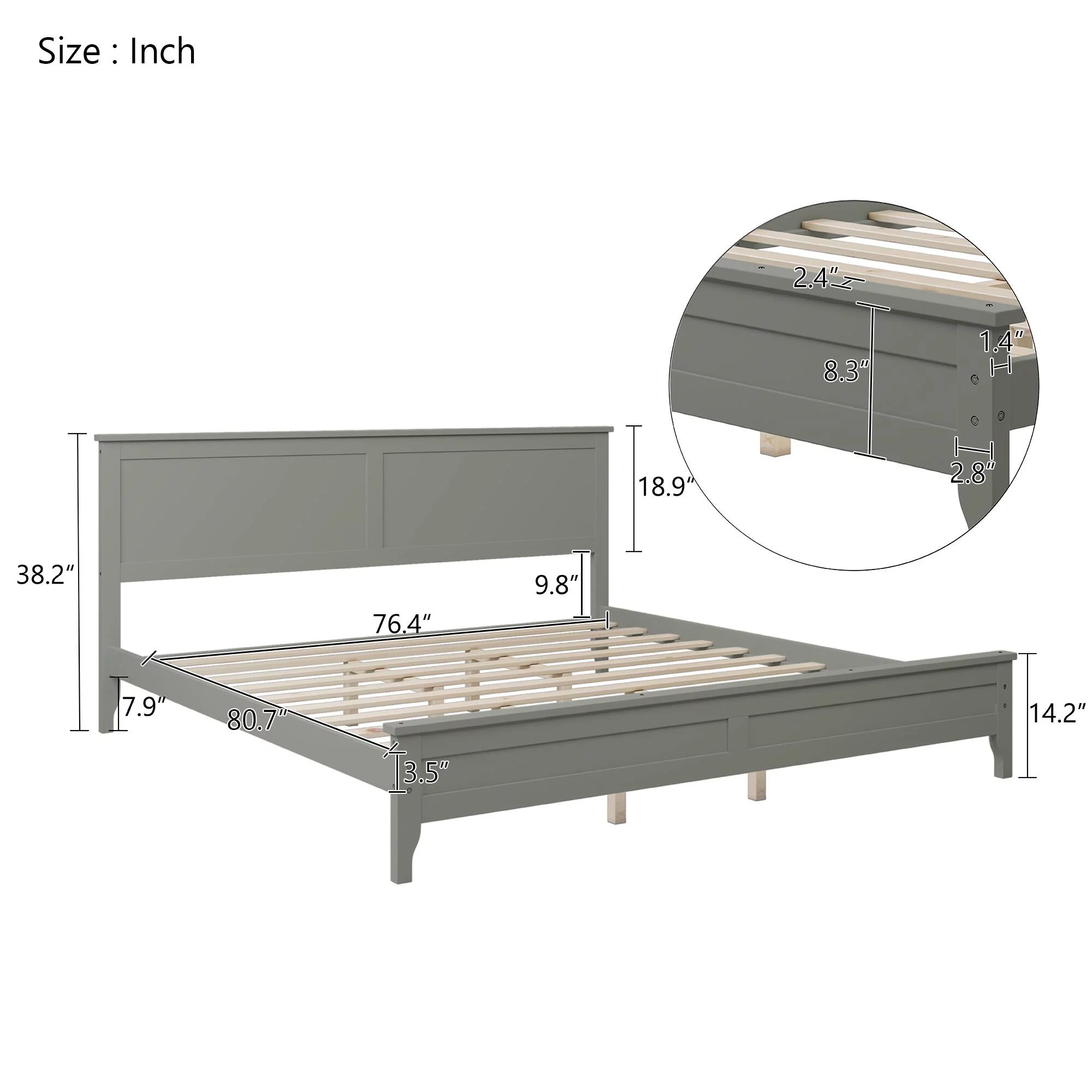 Modern Solid Wood Platform Bed Frame with Headboard for Kids Adults, Wood Slats Support, No Box Spring Needed Grey - King