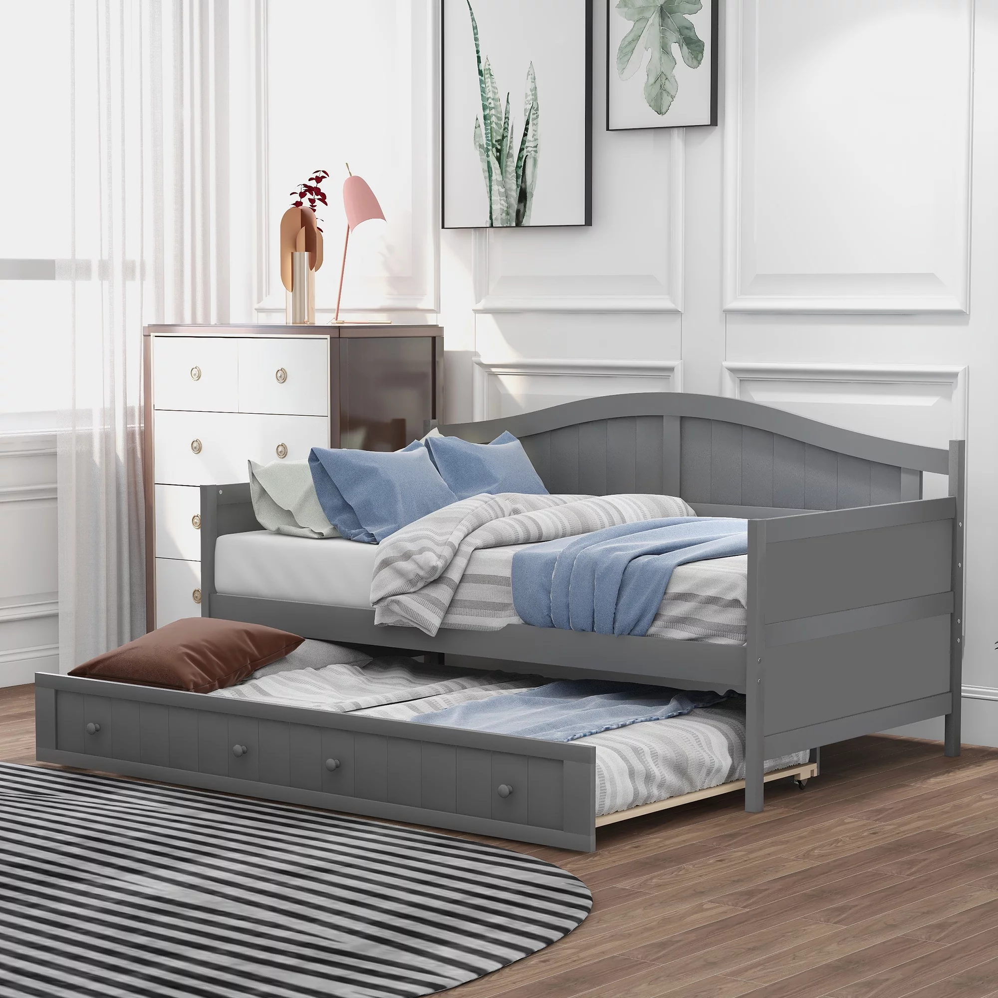 CoSoTower Twin Wooden Daybed With Trundle Bed, Sofa Bed For Bedroom Living Room, Gray