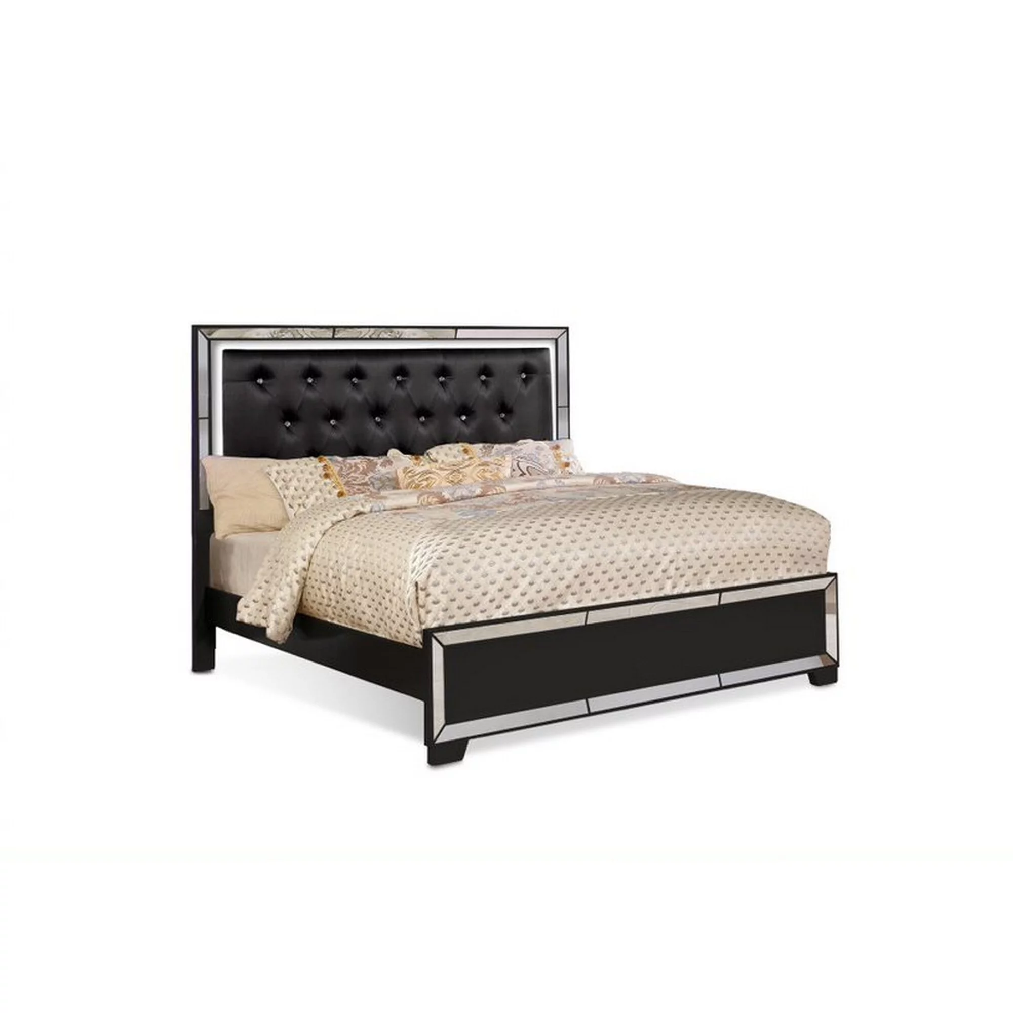 Eli Crystal Tufted Queen Bed, LED, Mirrored Inlays, Wood, Velvet, Black