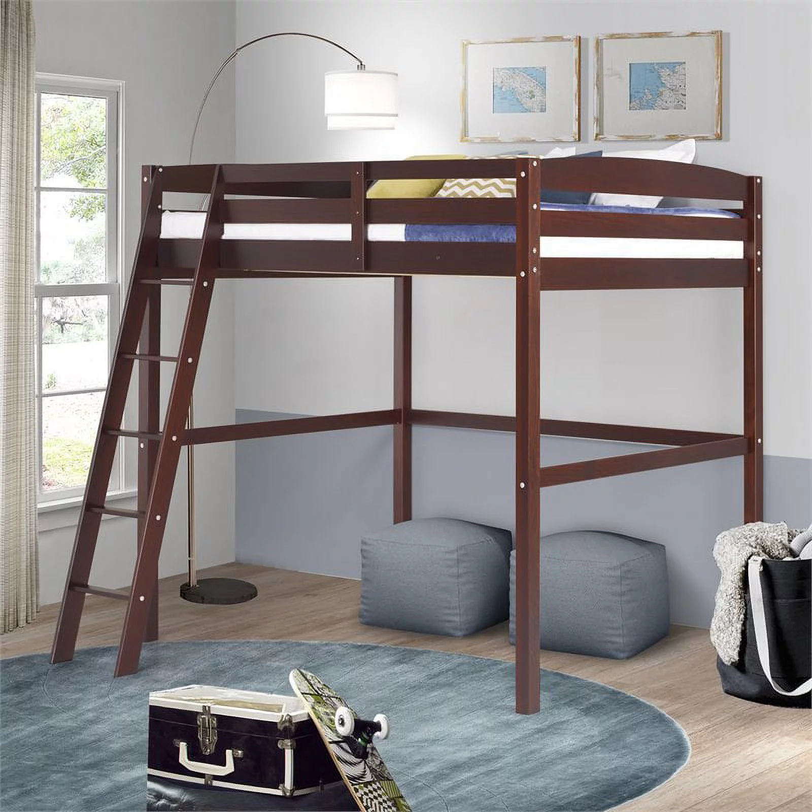 Pemberly Row Solid Wood High Loft Bed Frame Full in Cappuccino