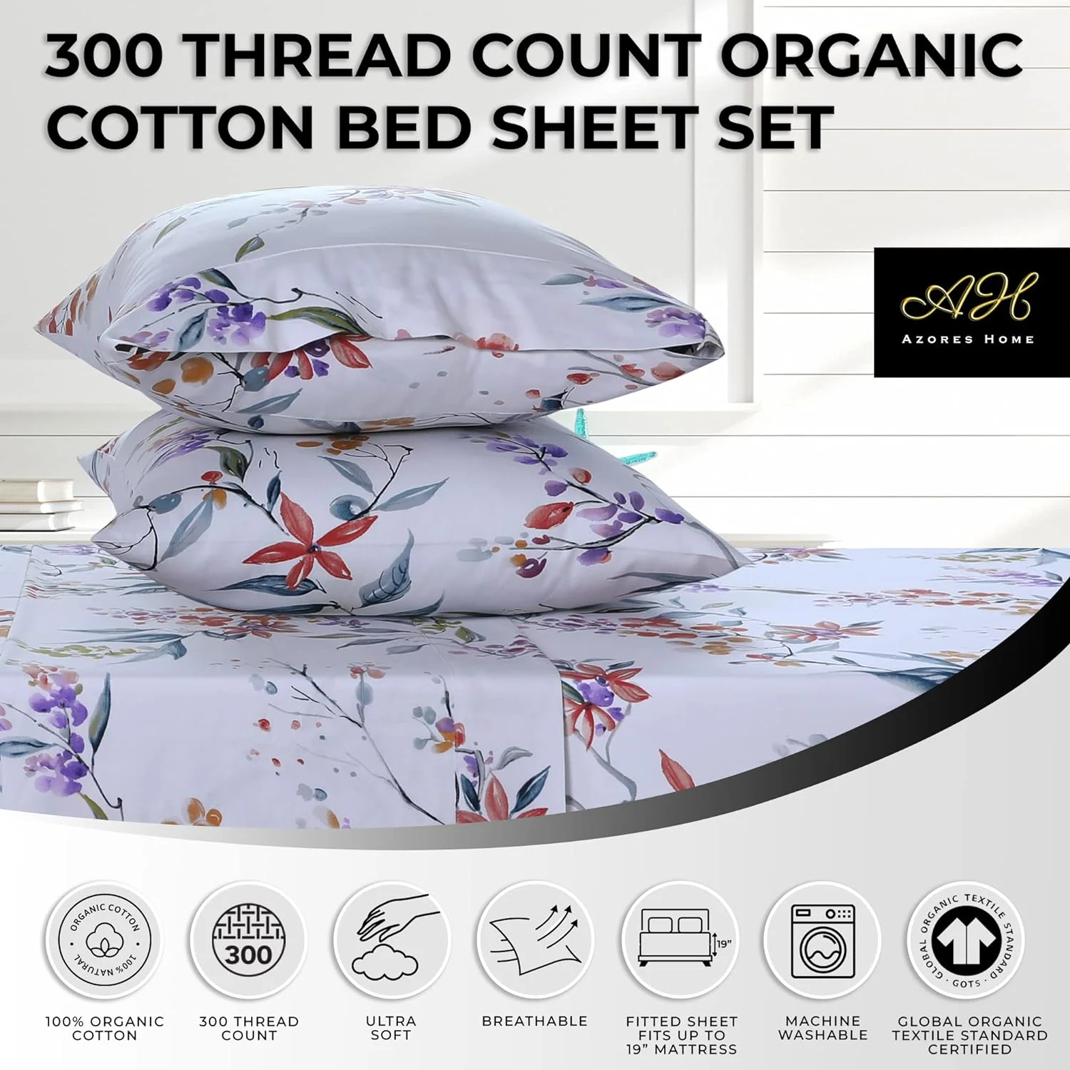 Estella 300 Thread Count Organic Cotton Deep Pocket Bed Sheet Set, Fits Up To 19 Inch Mattress - King, Multicolor