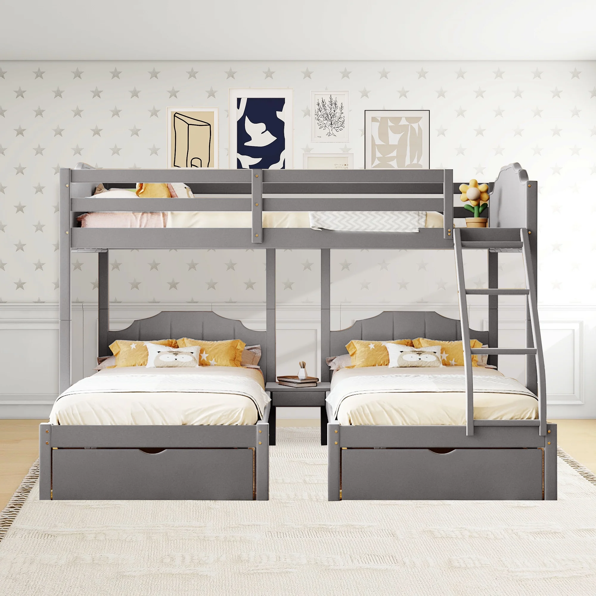 Wooden Bunk Bed with Headboard and Ladder, Full Over Twin & Twin Size Velvet Triple Bunk Bed with Drawers and Full-Length Guradrail for Bedroom (Grey)