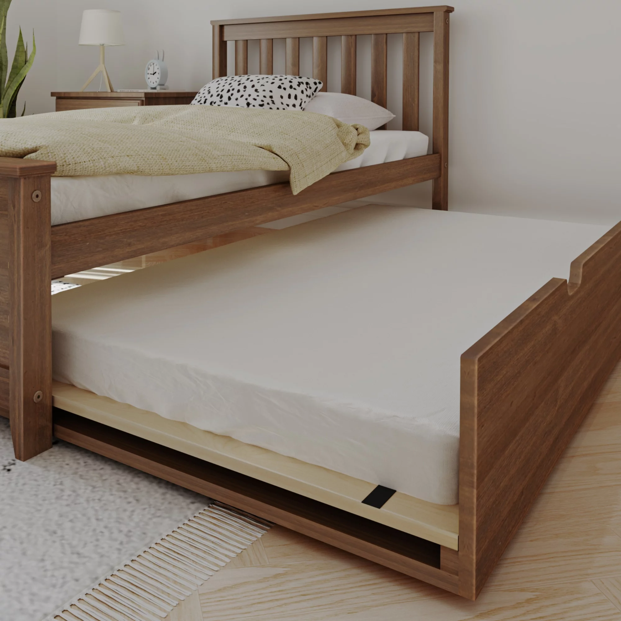 Max & Lily Twin Bed Frame with Trundle, Classic Solid Wood Platform Bed with Storage, Walnut