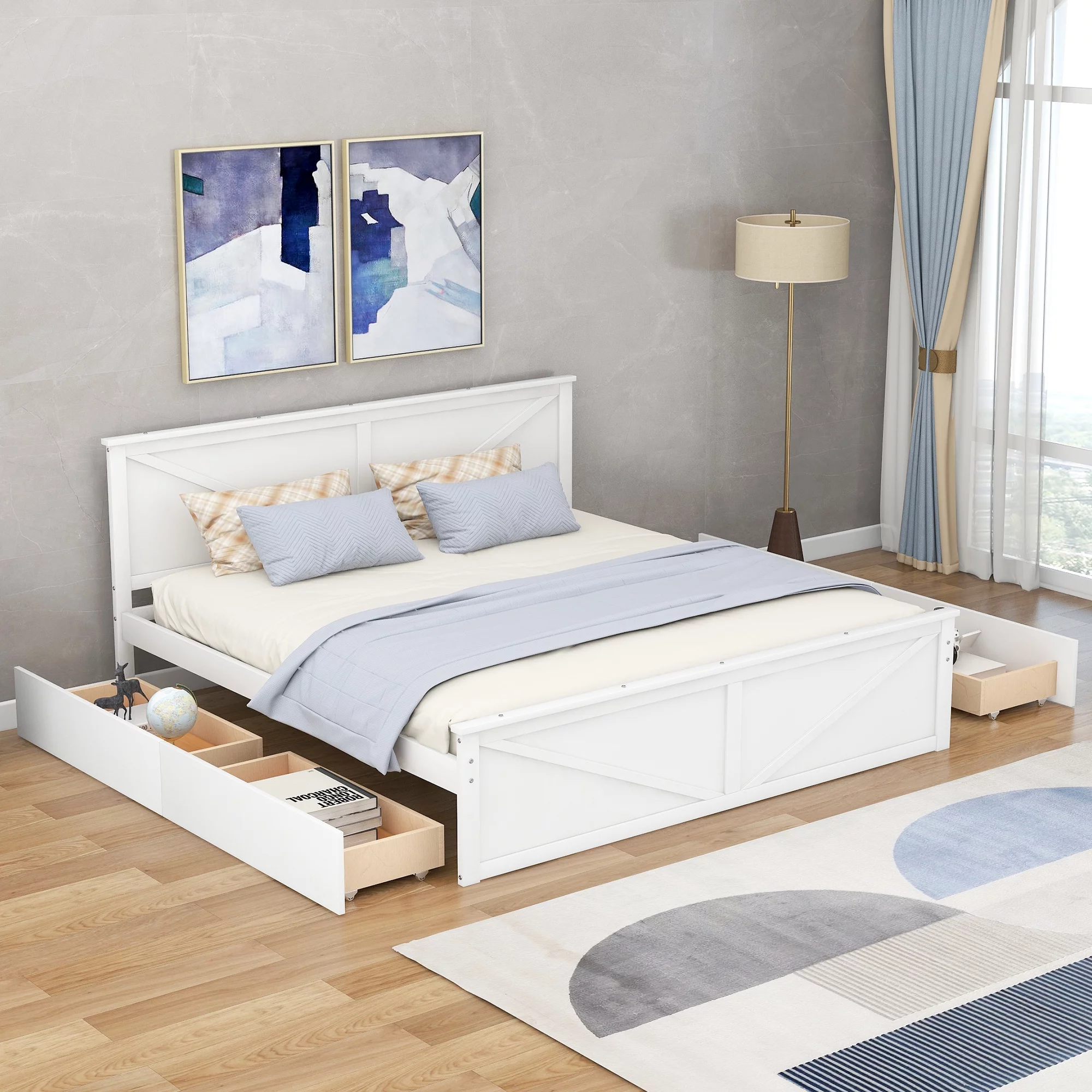 Euroco Pine Wood King Size Platform Bed with Four Storage Drawers for Living Room, White