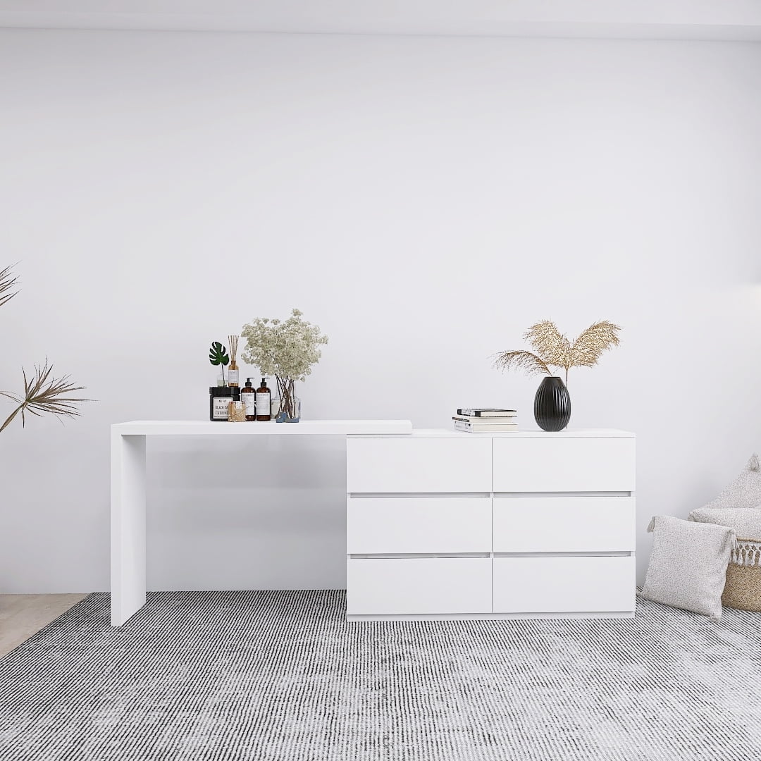 CoSoTower Extended Desktop 6 Drawers Chest of Drawer Without Handle White Color Vanity