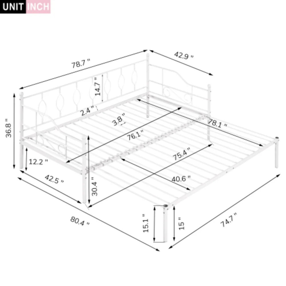 Twin Size Metal Daybed with Trundle, Daybed with Slat No Box required White White + Iron