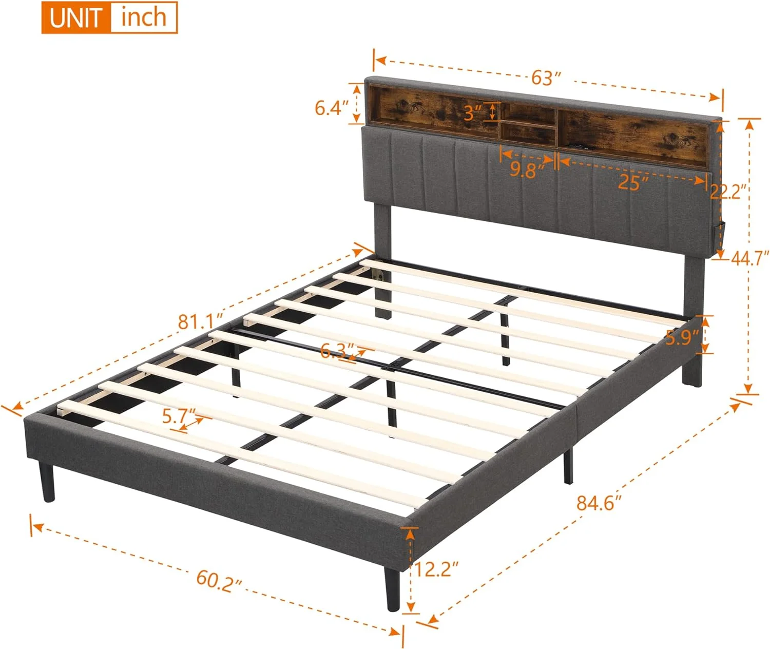 Queen Bed Frame With Upholstered Platform Bed With Storage Headboard, Outlets And USB Ports, No Box Spring Needed, Easy Assembly, Grey
