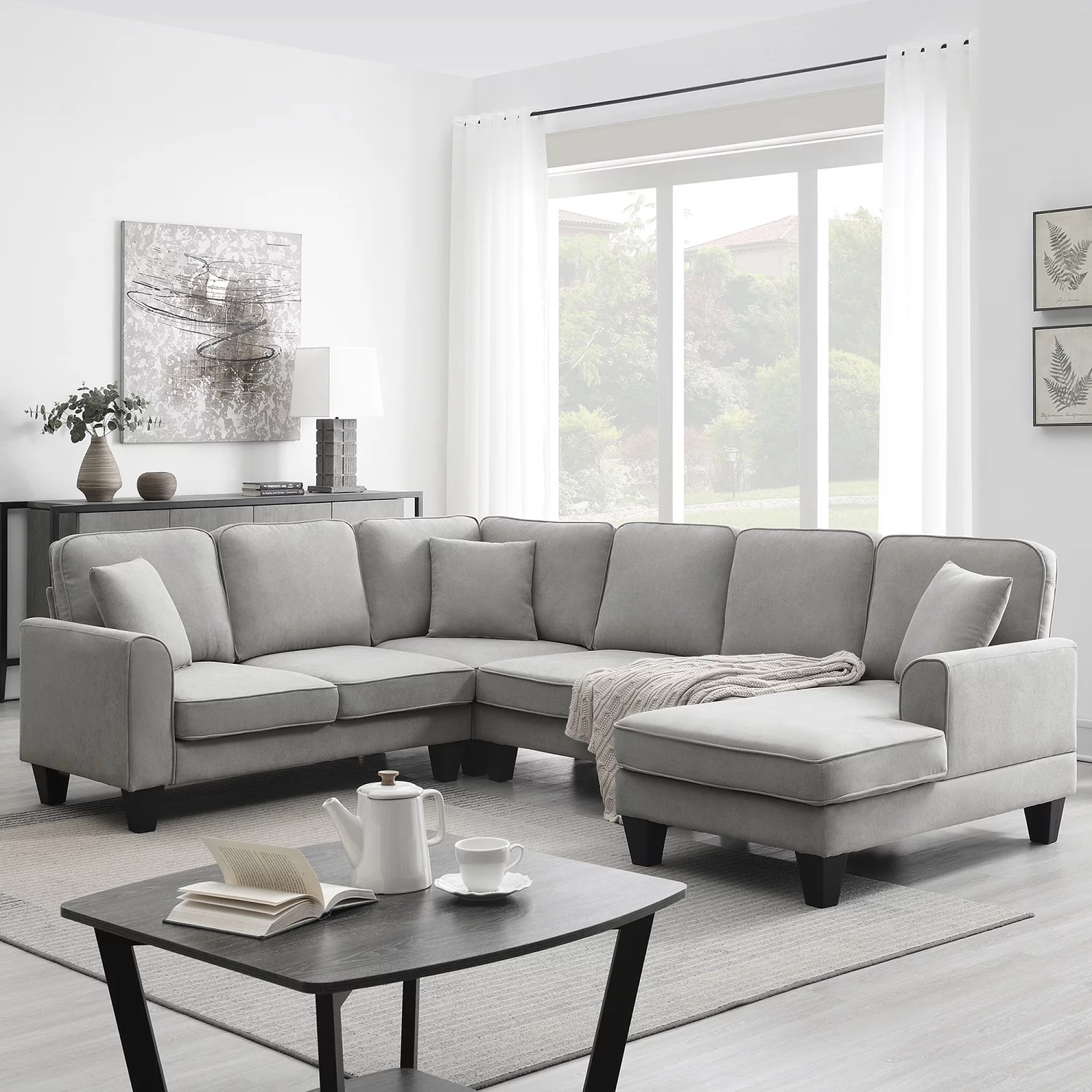 Churanty Convertible Modular Sectional Sofa with Chaise and Recliner,U Shaped Couch 7 Seat Fabric Sleeper Sofa for Living Room,Light gray