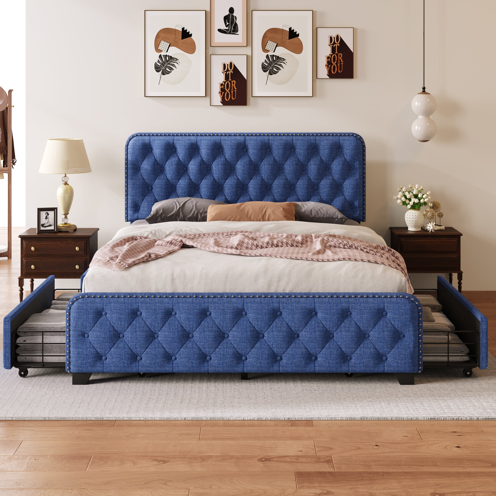 Upholstered Platform Bed Frame with Four Drawers, Button Tufted Headboard and Footboard Sturdy Metal Support, No Box Spring Required, Blue, Queen
