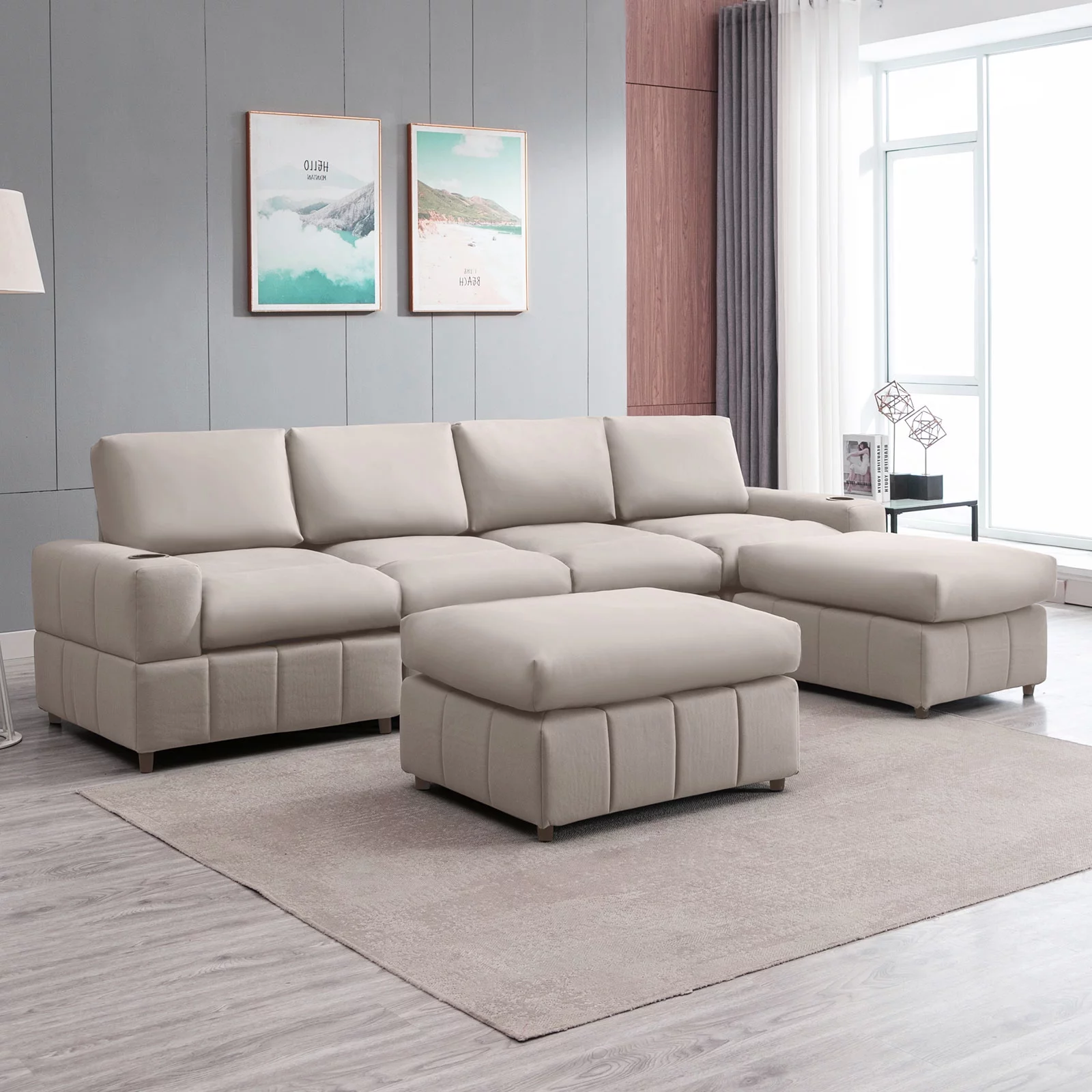 BALUS Modular Sectional Sofa, U Shaped Sofa with Ottomans, Large Living Room Furnitures, Beige