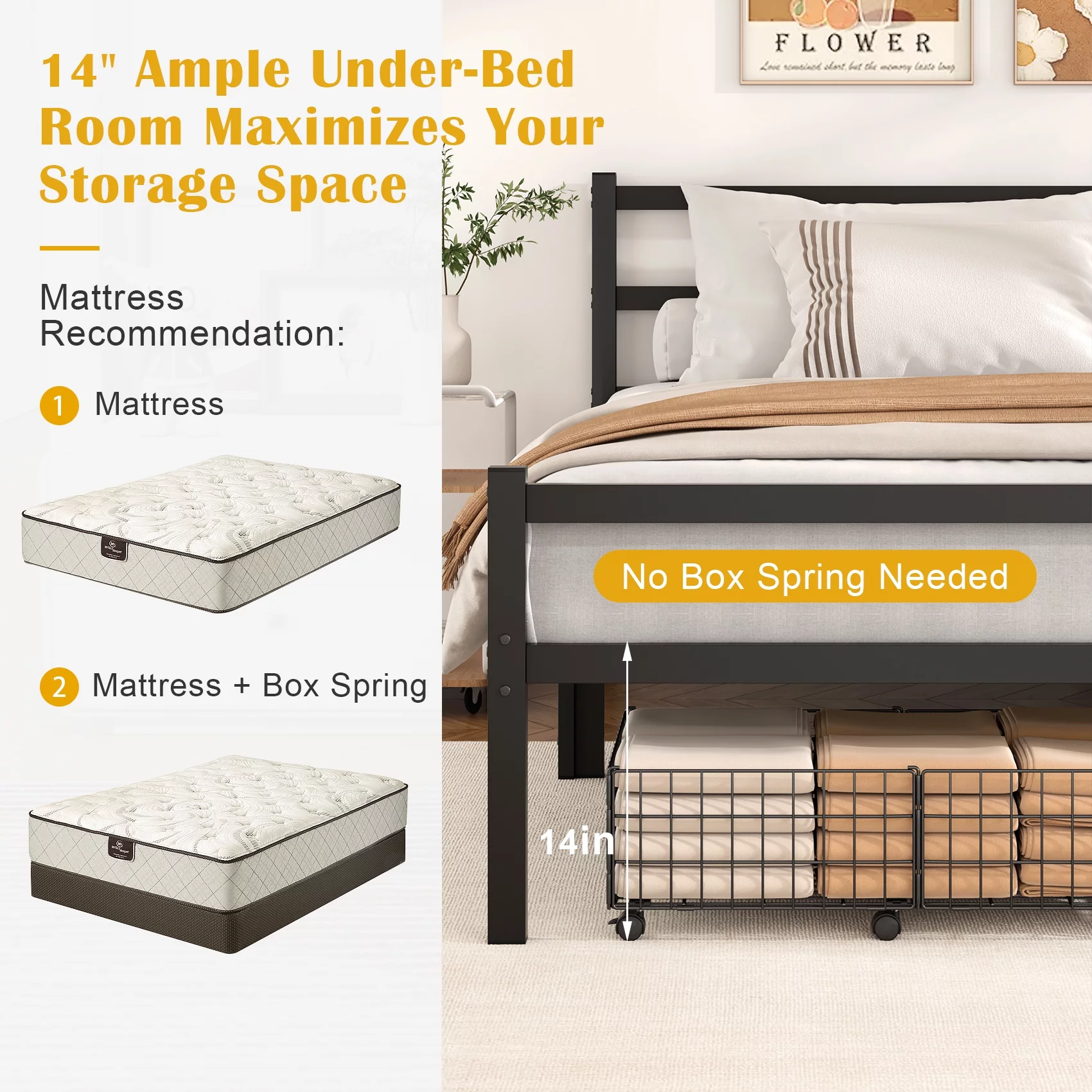 Mr IRONSTONE Heavy Duty Twin Size Metal Platform Bed Frame with Headboard and Footboard, No Box Spring Needed, Adult Kids Twin Size Bed with 14 inch Under Bed Storage Space, Black