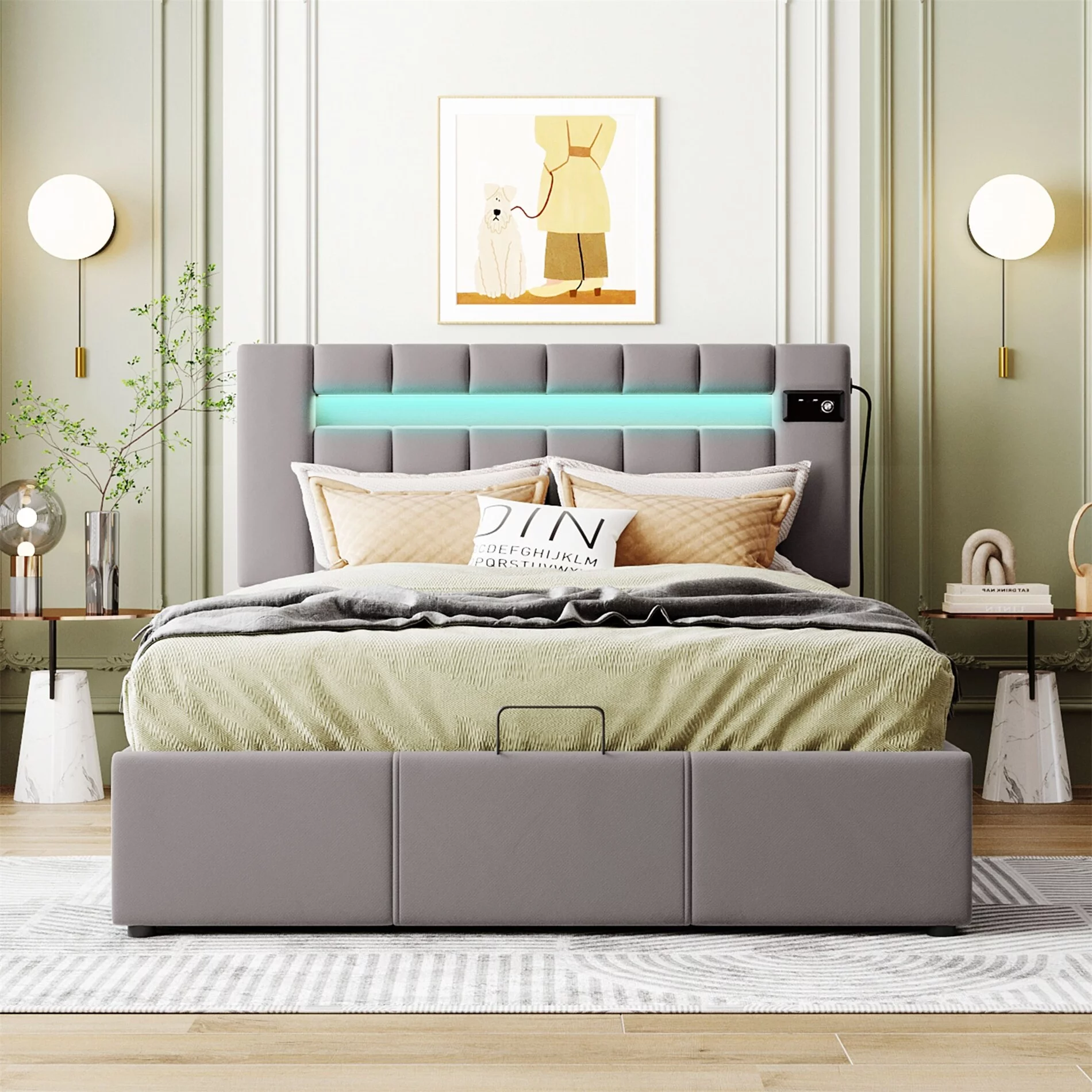 BESTCOSTY Full Size Upholstered Bed Frame with LED light and USB Charging