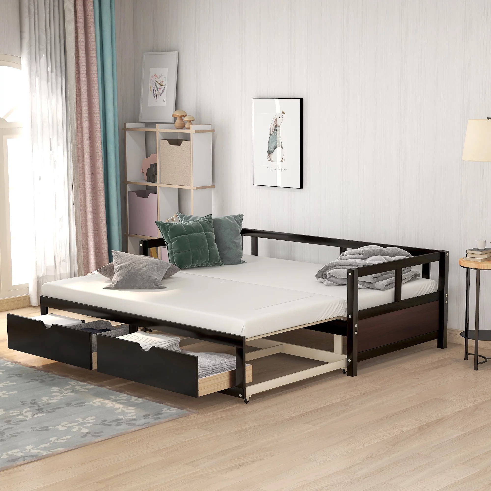 Anself Wooden Daybed with Trundle Bed and Two Storage Drawers , Extendable Bed Daybed,Sofa Bed for Bedroom Living Room,Espresso