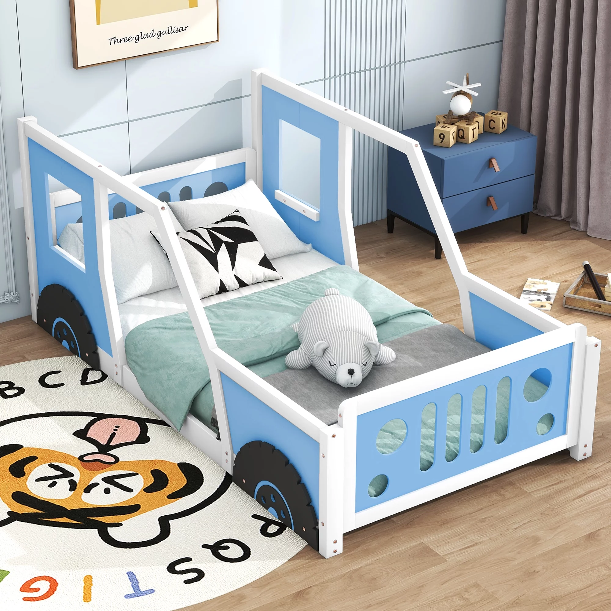 Euroco Car-Shaped Twin Size Wood Platform Bed for Kids’ Bedroom, Solid Car Bed for Kids Gift, Low Profile Floor Bed, Blue