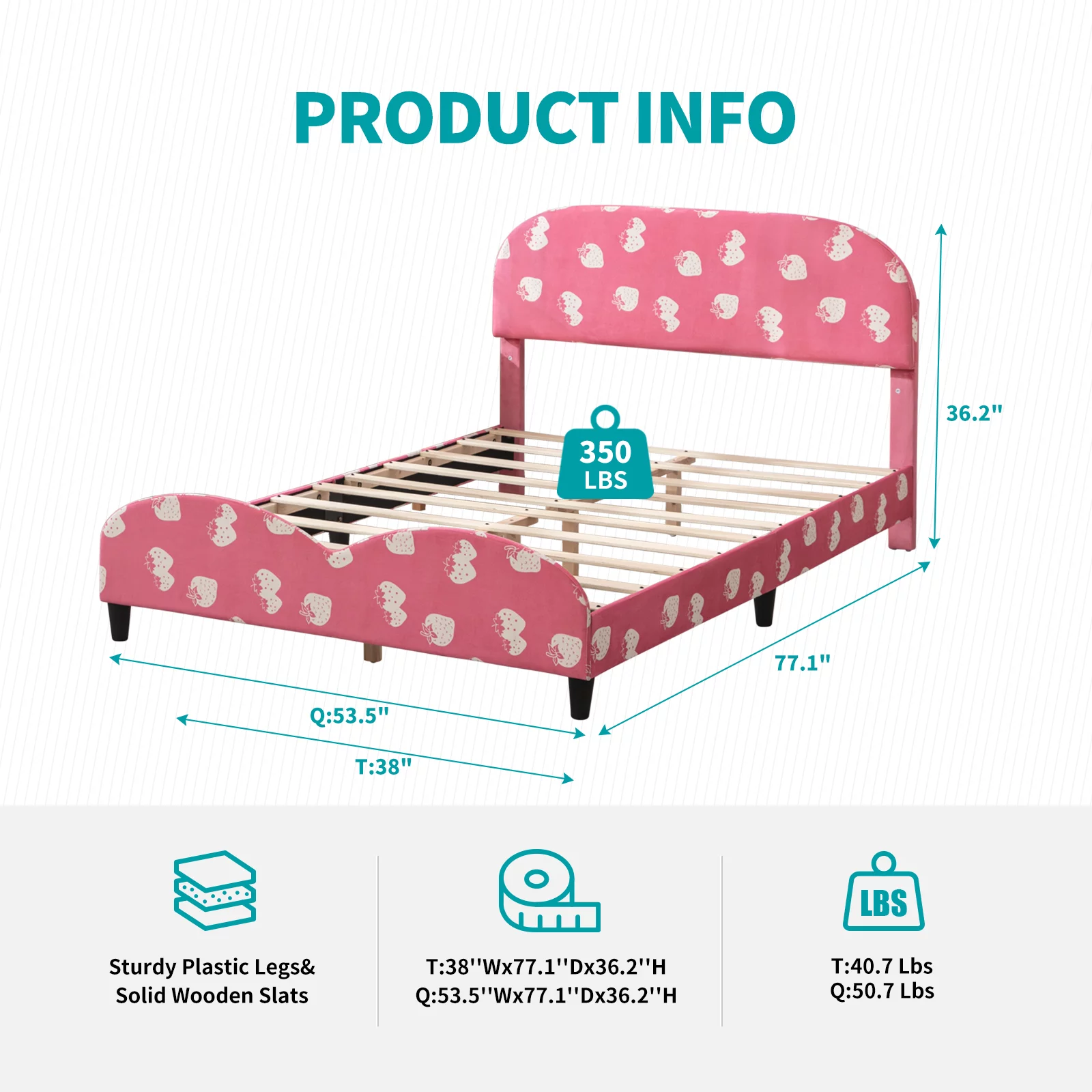 BALUS Kids Twin Bed Frame, Smooth Curved Upholstered Headboard and Footboard, Strawberry Patterns Design, Children's Protective, Easy Assembly, Pink