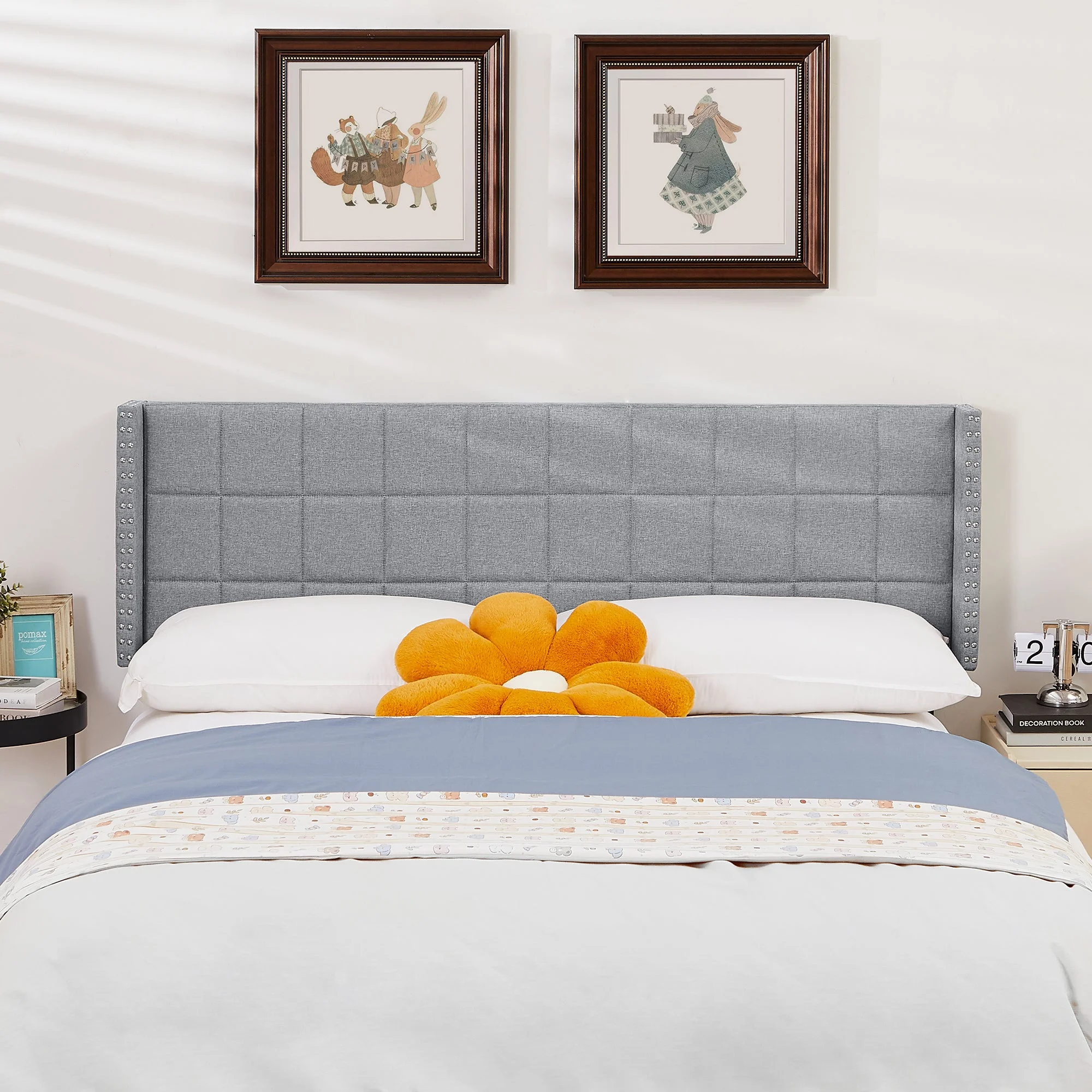 VECELO Queen Size Adjustable Height Upholstered Headboard, Modern Wingback Headboard with Double Nailhead Trimming and Button Tufting for Bedroom, Light Gray