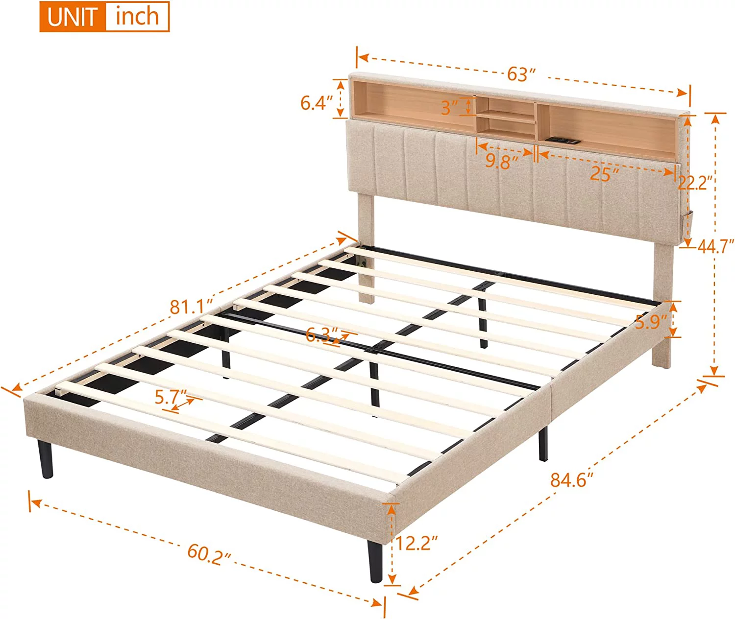 YINCHEN Modern Upholstered Bed Frame with Storage Headboard and USB Port Wood Platform Bed No Box Spring Needed/Space Saving Queen, Beige