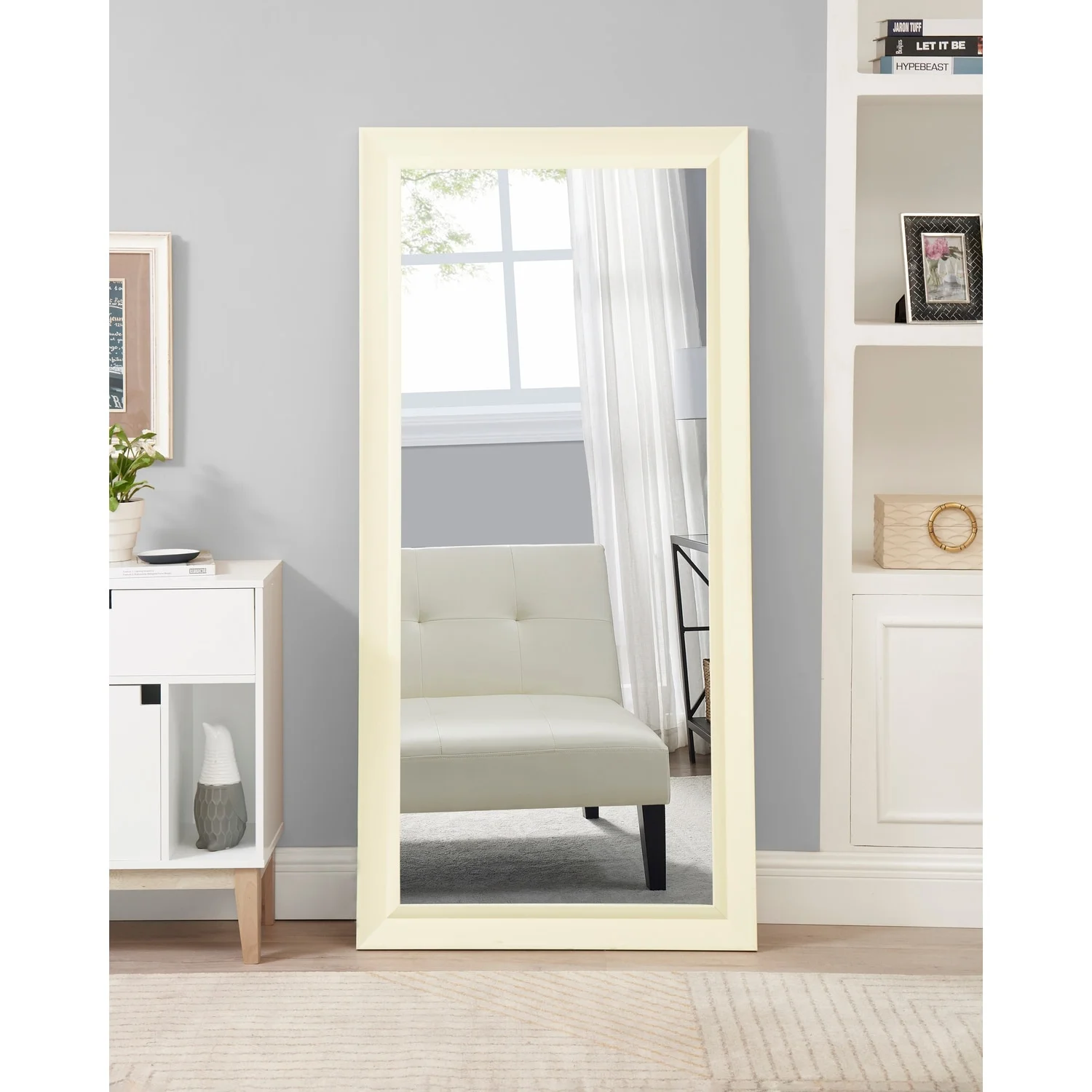 Tall Mirror Full Body Oversized Mirror Bevelled Full Length Floor Mirror Free Standing or Wall Mounted Bevelled Long Mirror Off-White