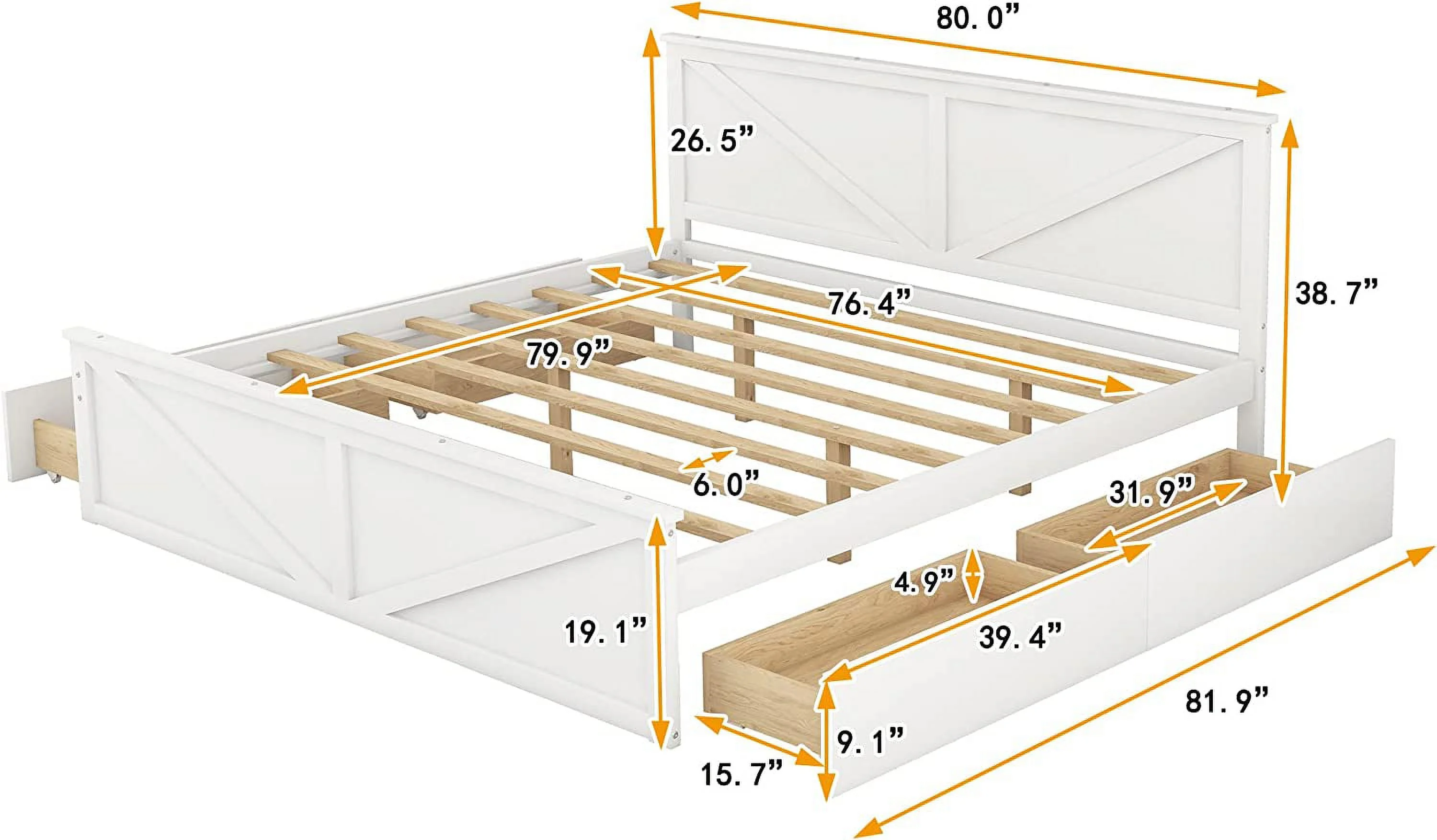 King Size Platform Bed, Wooden Platform Bed Frame With 4 Storage Drawers And Support Legs, No Box Spring Needed, White