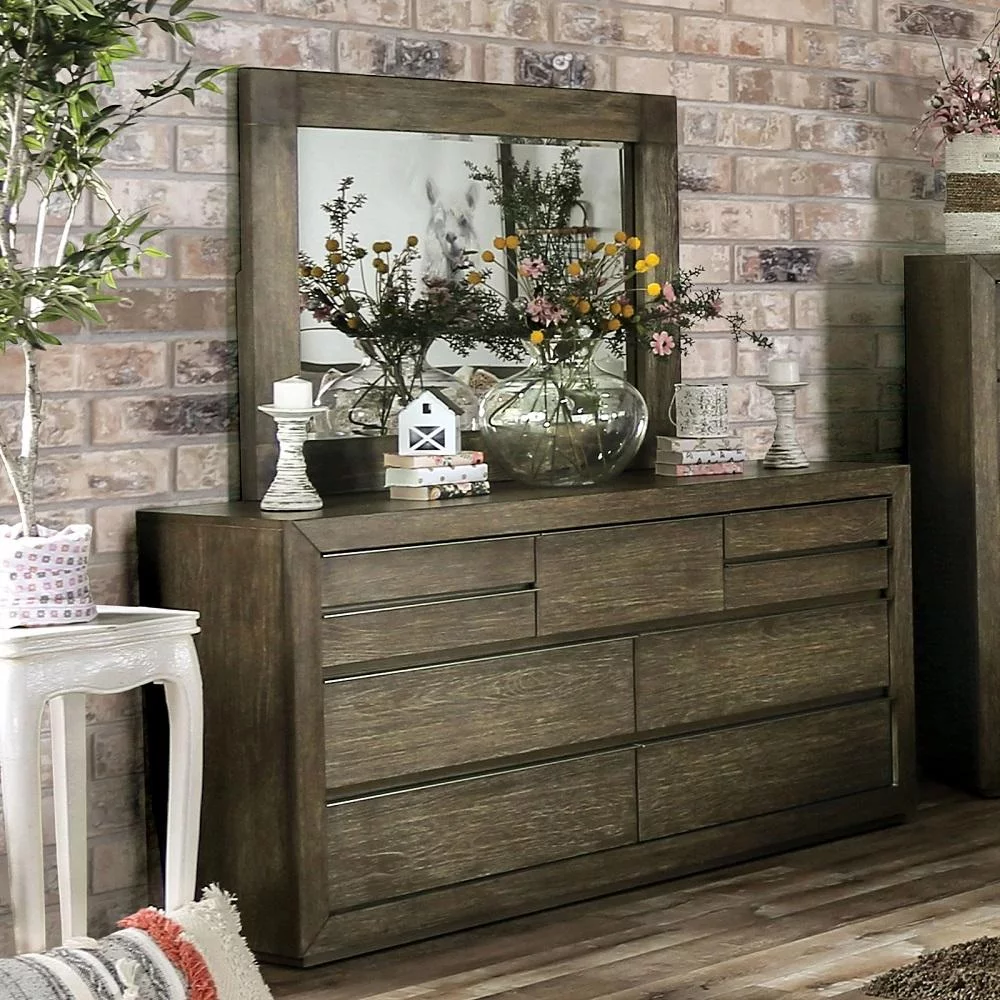 Transitional Light Walnut Solid Wood Dresser w/Mirror FOA FOA7490D*M Bridgewater