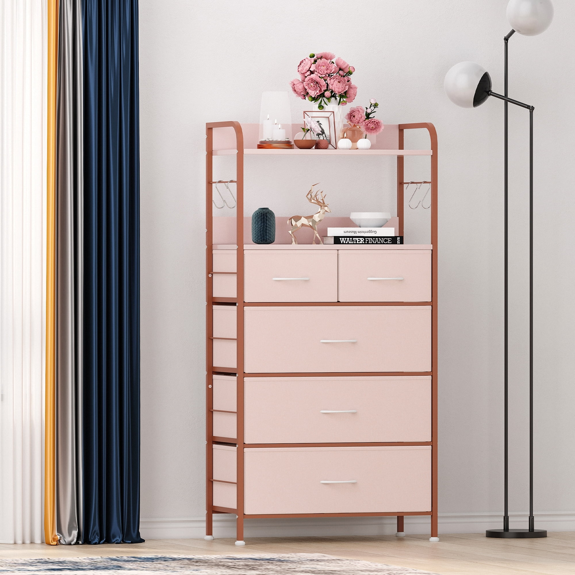 5 Drawer Dresser, Storage Organizer Unit with Fabric Pink
