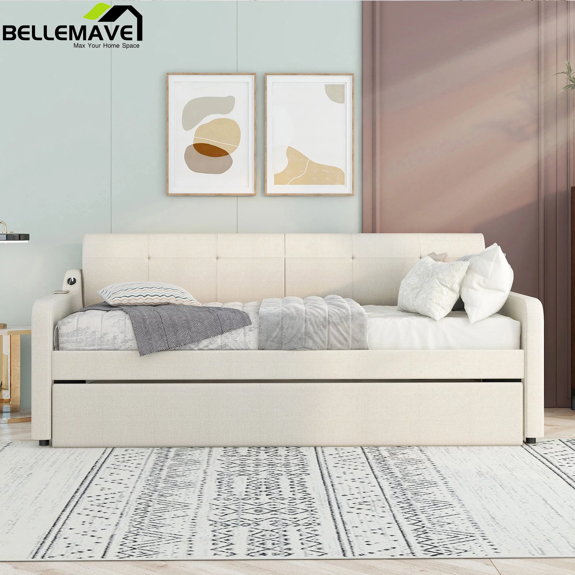 Bellemave Twin Size Upholstery Daybed with Adjustable Trundle and USB Charging Design,Wooden Twin Daybed Sofa Bed with Pop Up Trundle,Can be Flat or Erected(Beige)