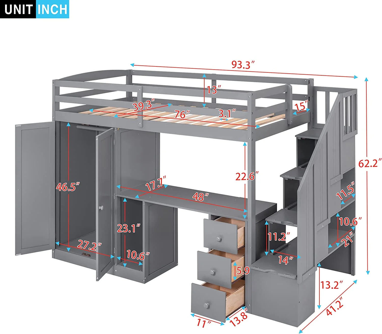 Gray Size Lof Bed Wih Sairs Ad Desk, Woode Wardrobe Sorage Drawers, High Frame For Kids, ees, Aduls Boys Girls,